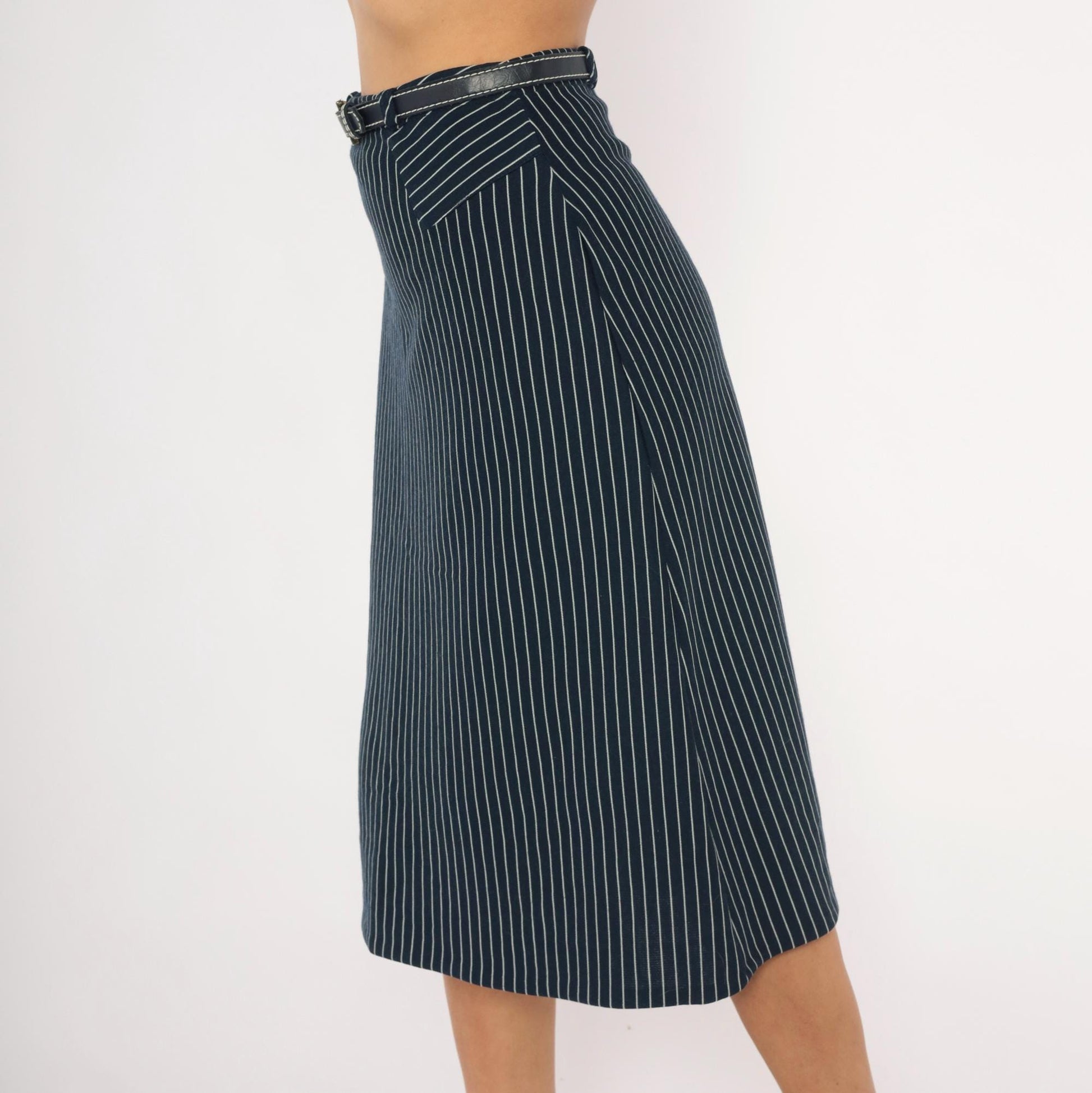 70s Jantzen Navy Pinstripe Midi Skirt Belted White Stripe Small S