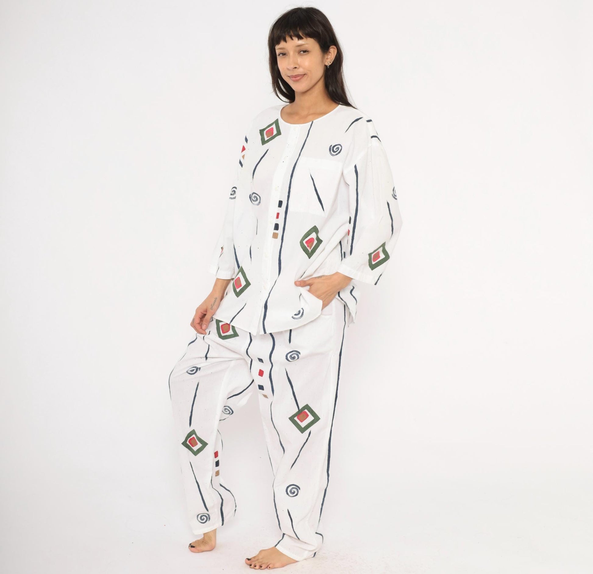 90s Allegre Geometric Print Cotton Two Piece Set White Large L