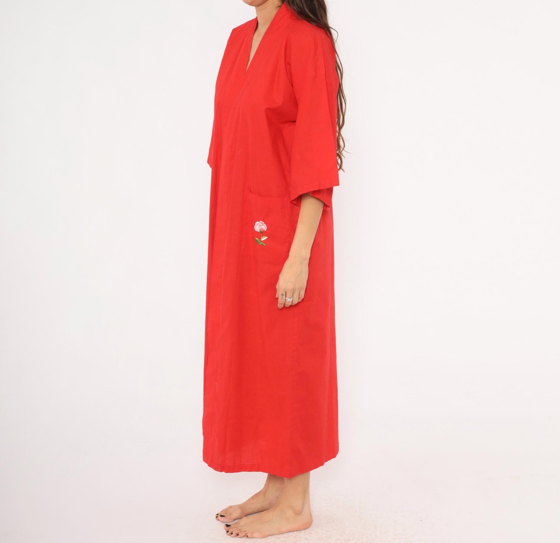 90s Peacock Red Kimono Robe Embroidered Floral Cotton Maxi Unisex Small
