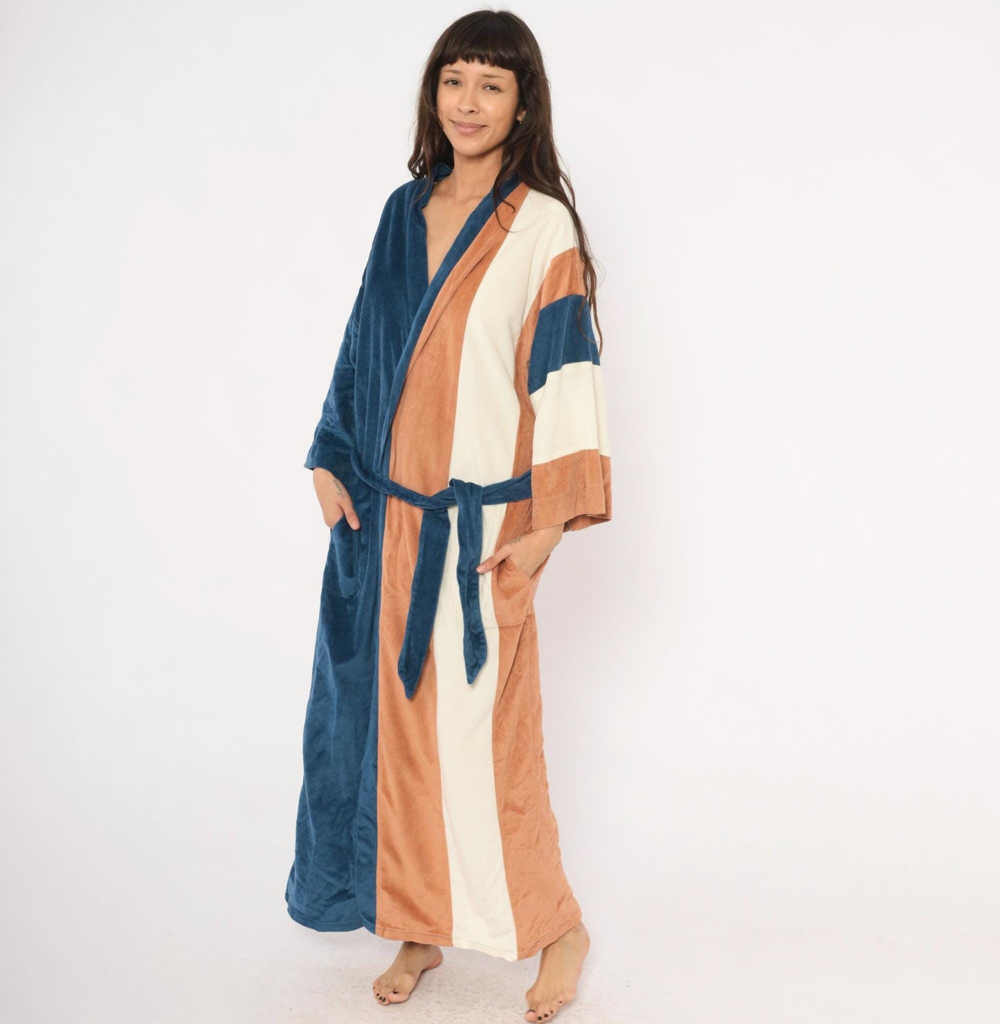 80s JCPenney Velour Kimono Robe Colorblock Navy Copper Cream One Size