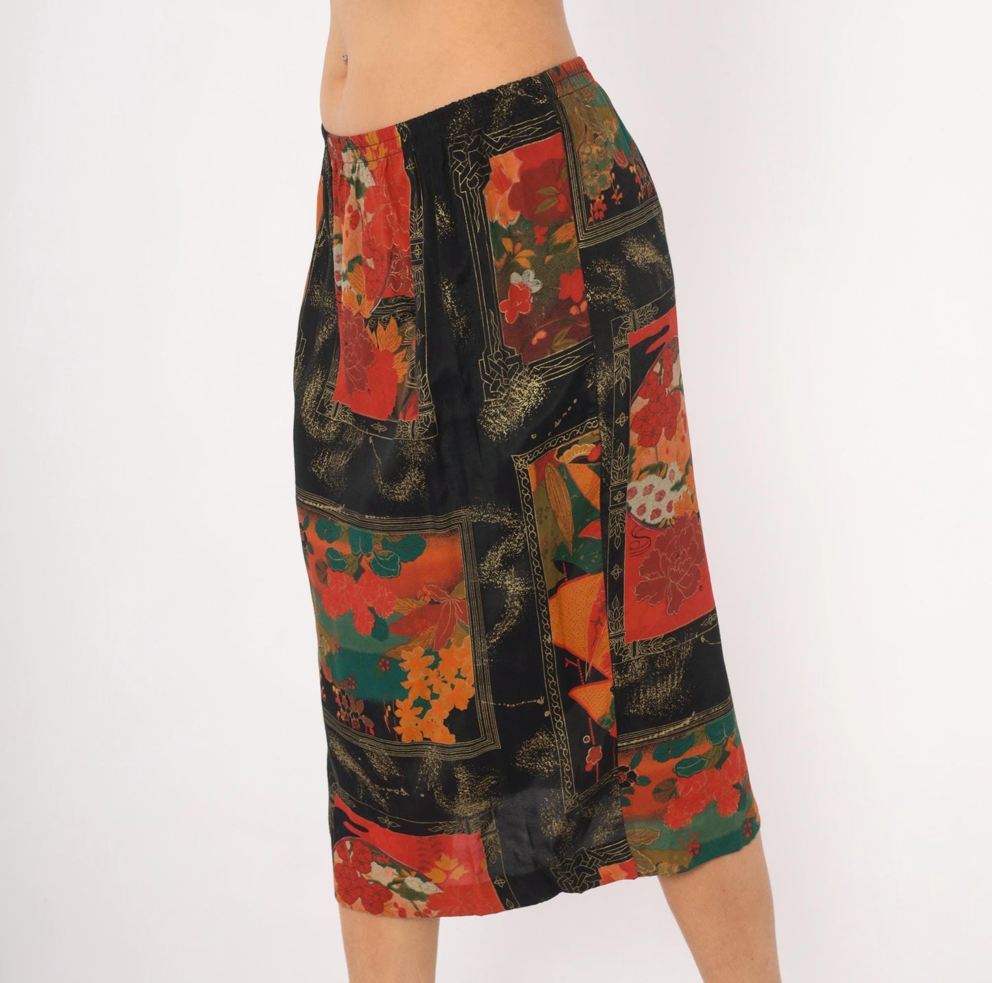 80s Japanese Floral Pencil Skirt Black Red Teal Gold Peonies Midi Medium Large