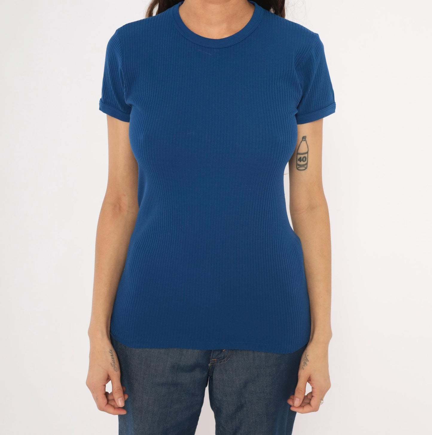 70s St Michaels Cobalt Ribbed Knit Crew Neck Tee Short Sleeve Small Medium