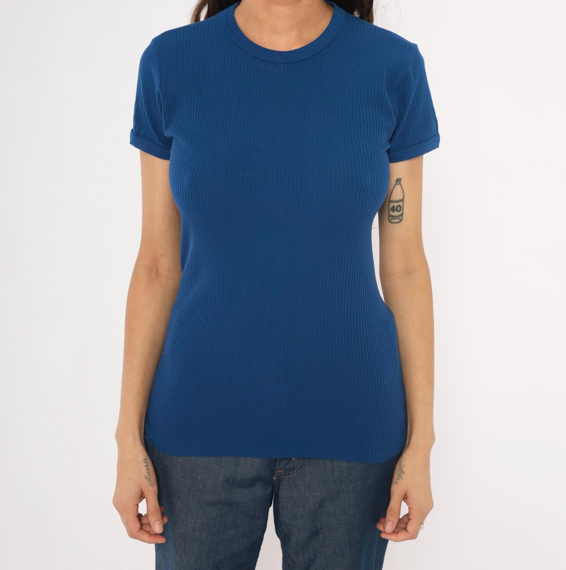 70s St Michaels Cobalt Ribbed Knit Crew Neck Tee Short Sleeve Small Medium