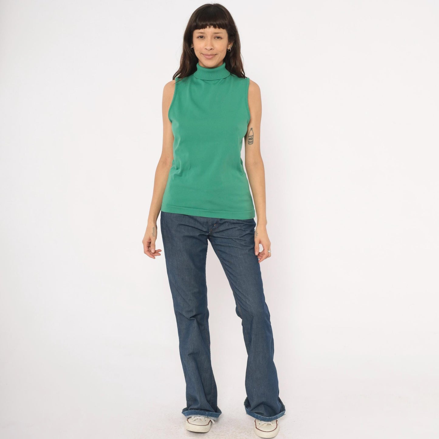 70s Sage Green Sleeveless Mock Neck Knit Tank Top Ribbed Shell Medium Large