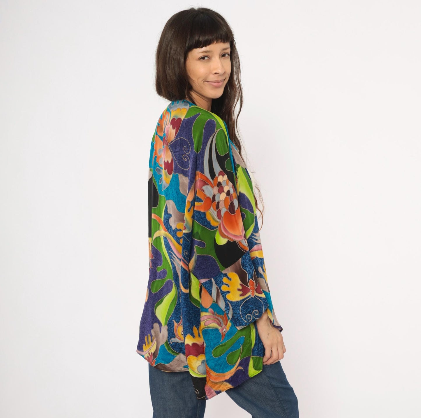 2000s Deeva Silk Kimono Jacket Multicolor Bird Floral Abstract One Size