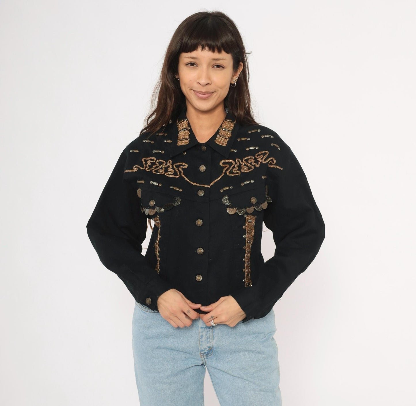 90s Styleworks Black Denim Jacket Gold Coin Charm Embroidered Cropped Large L