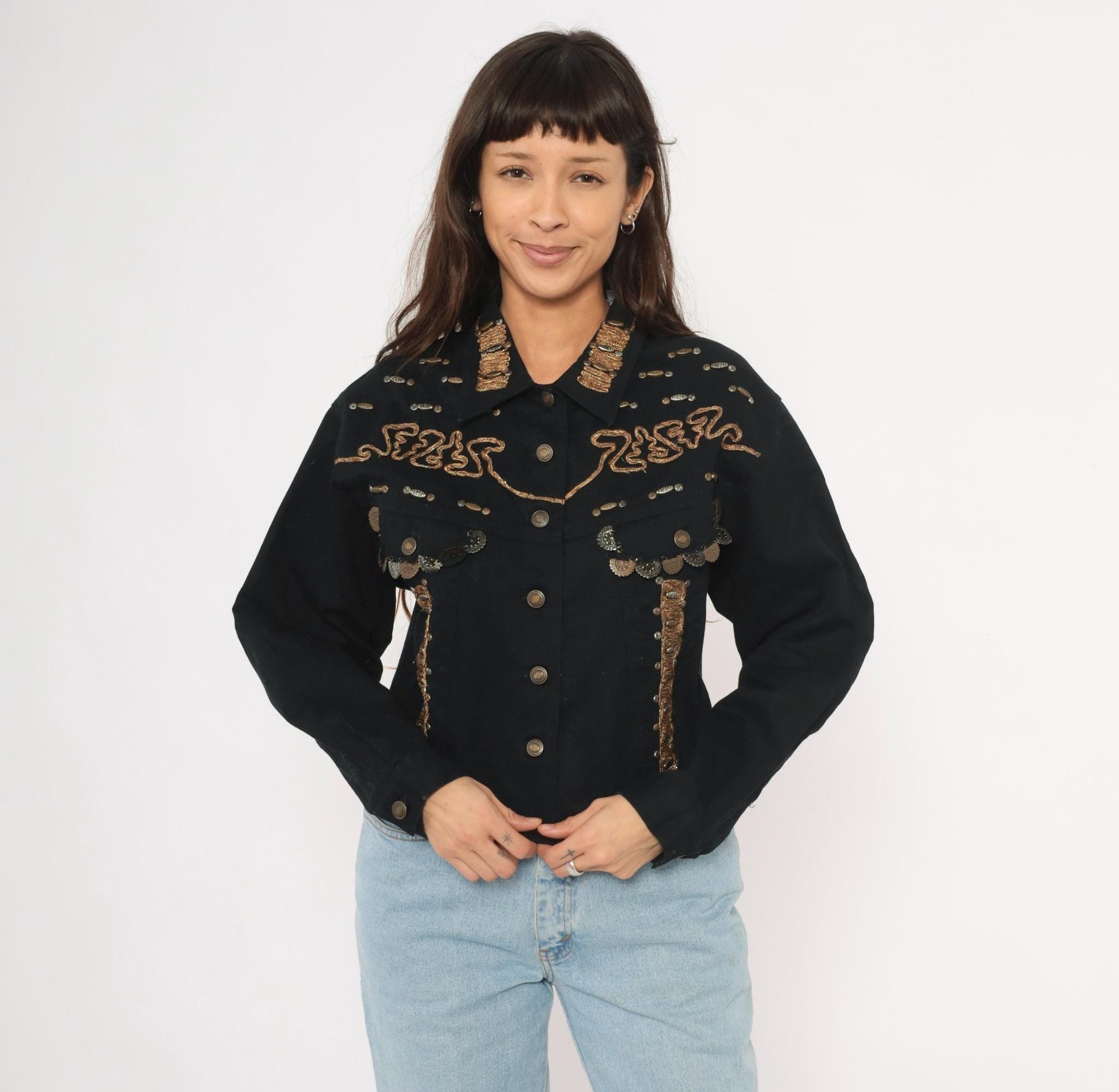 90s Styleworks Black Denim Jacket Gold Coin Charm Embroidered Cropped Large L