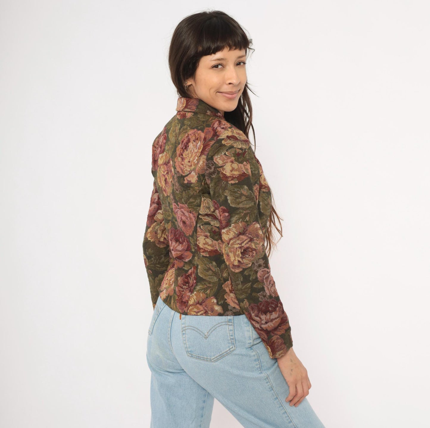 90s Jessica Howard Floral Tapestry Blazer Olive Burgundy Fitted XS