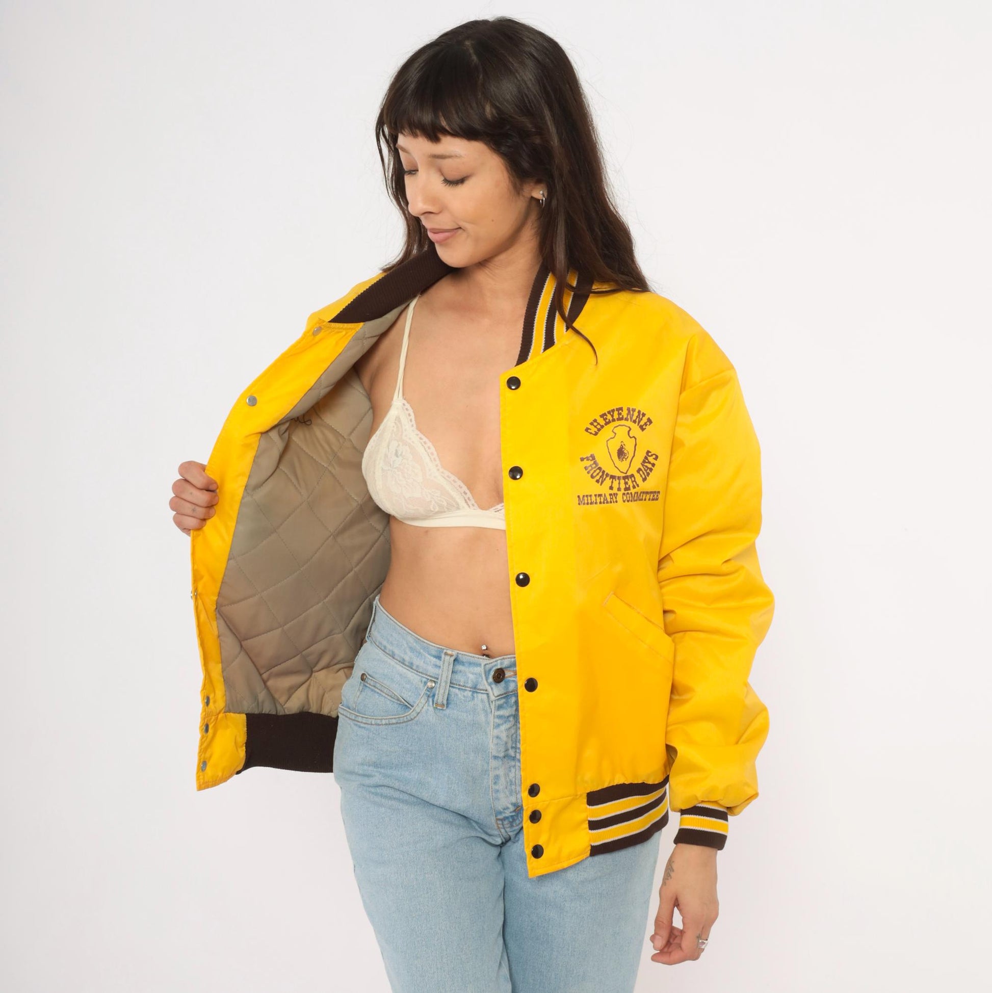 80s DeLong Sportswear Varsity Jacket Gold Nylon Bomber Cheyenne Frontier Days Medium