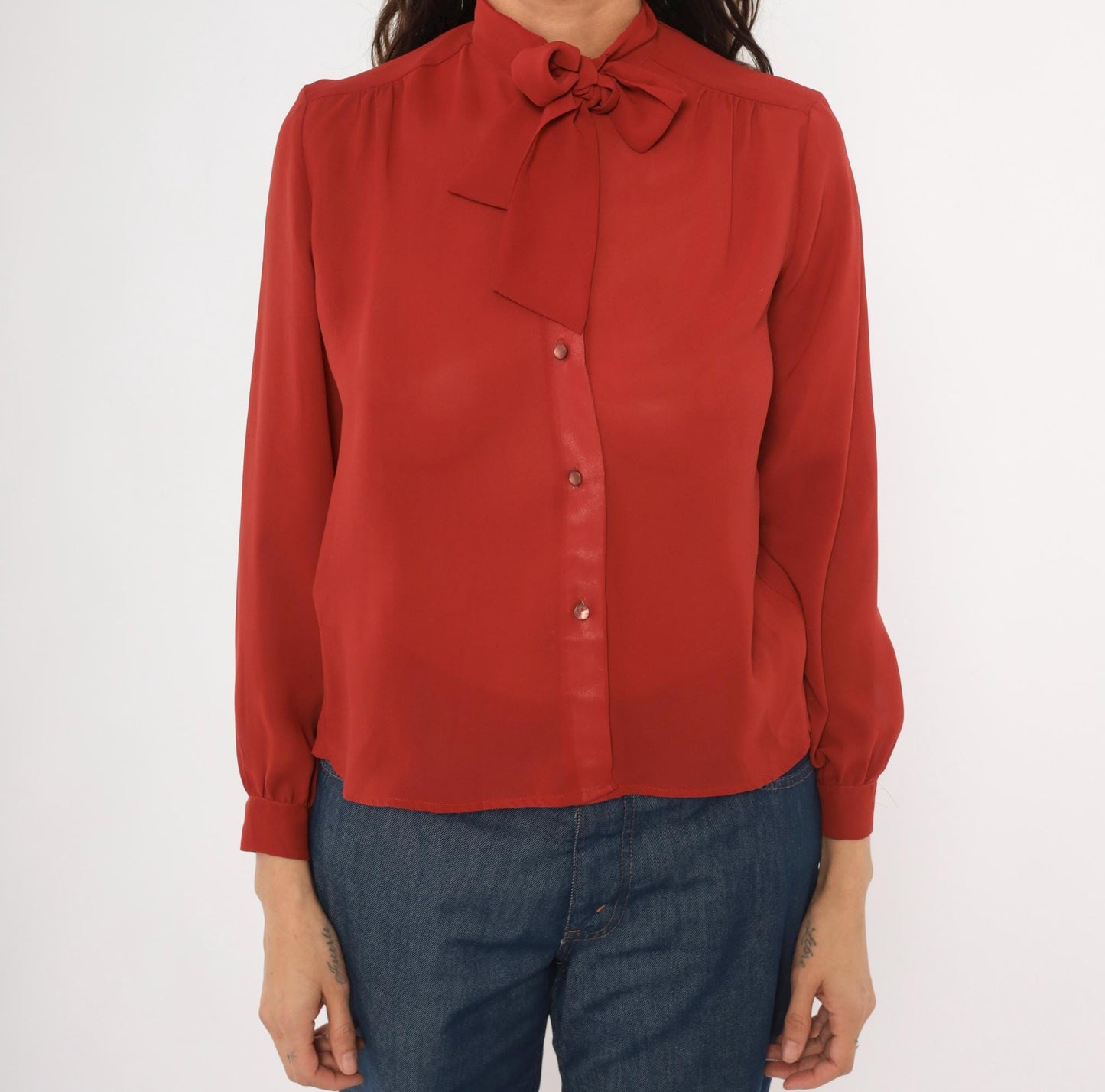 70s Kanga Petite Bow Neck Blouse Rust Terra Cotta Button Front Small