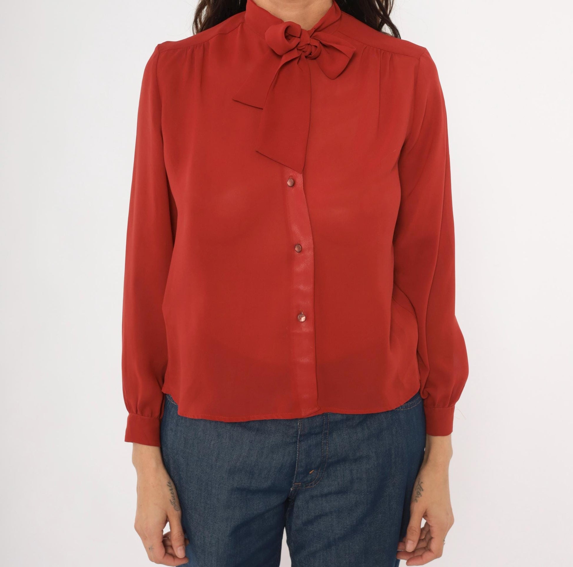 70s Kanga Petite Bow Neck Blouse Rust Terra Cotta Button Front Small