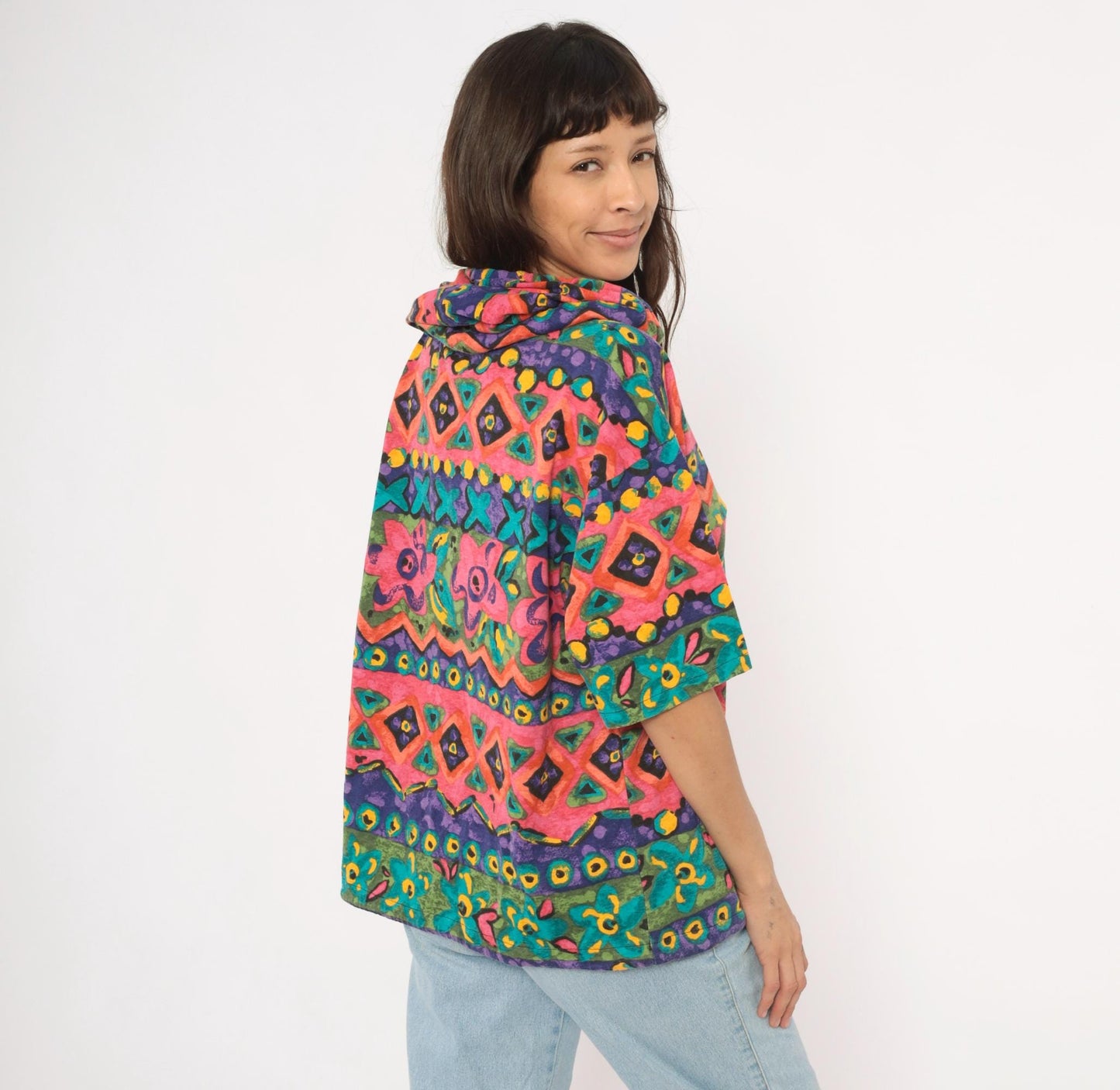 90s Lady John Tribal Hoodie Pink Teal Purple Geometric Floral Pullover One Size
