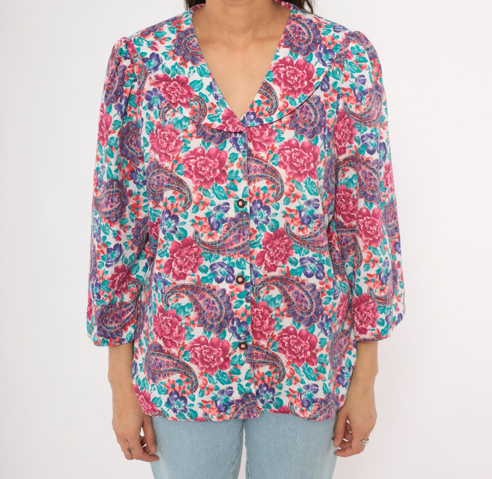 90s Worthington Floral Paisley Blouse Pink Teal Purple Three Quarter Sleeve Large L