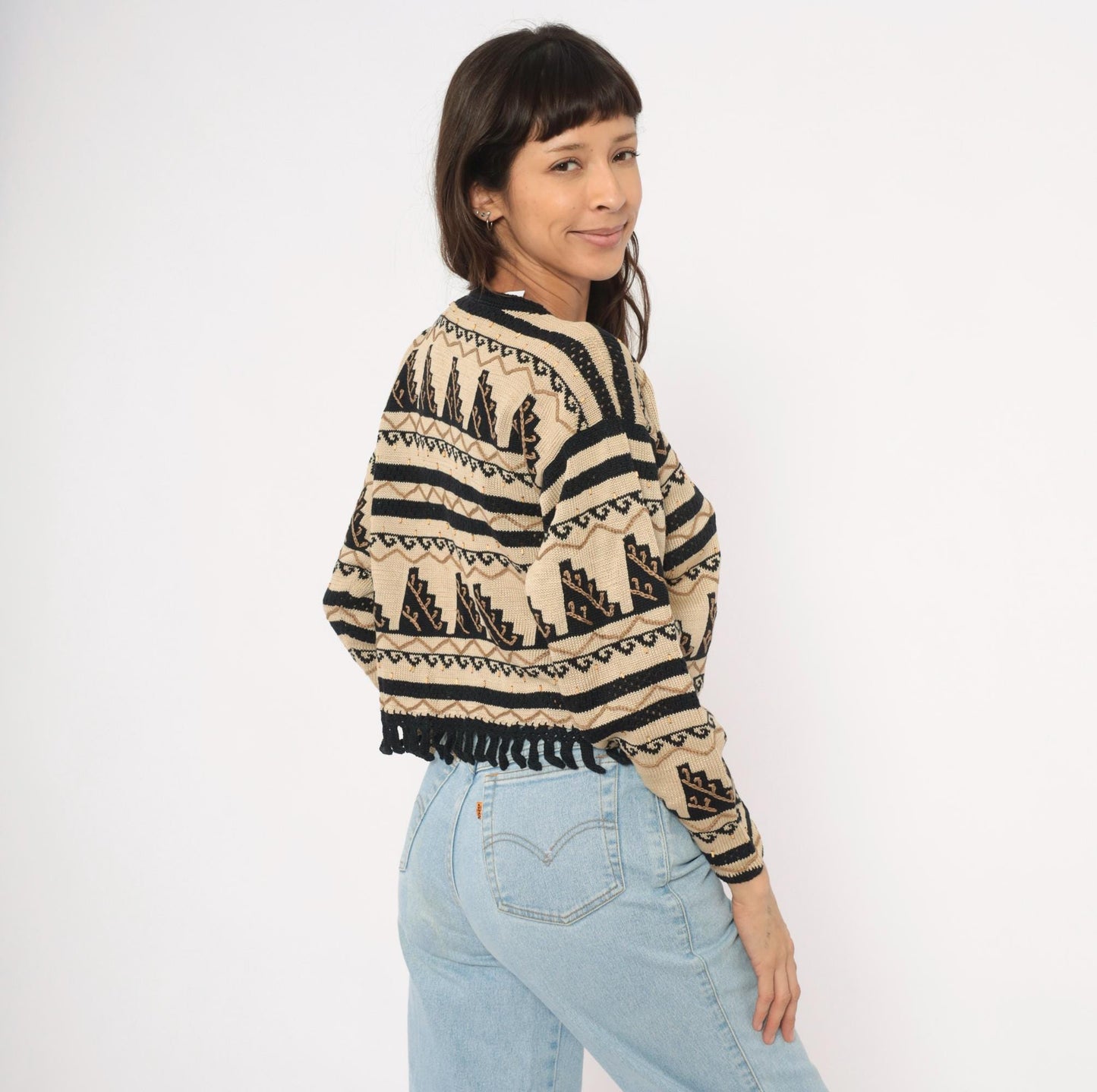 2000s Peruvian Connection Cardigan Cream Black Geometric Fringe Pima Cotton Medium M