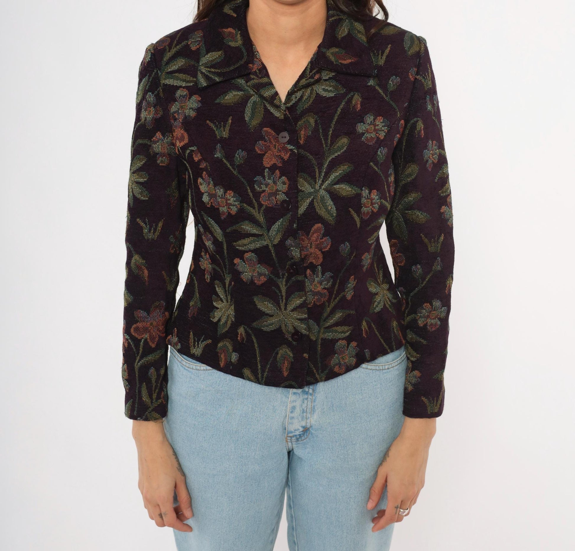 90s Jessica Howard Floral Tapestry Blazer Plum Botanical Woven Cropped Small S