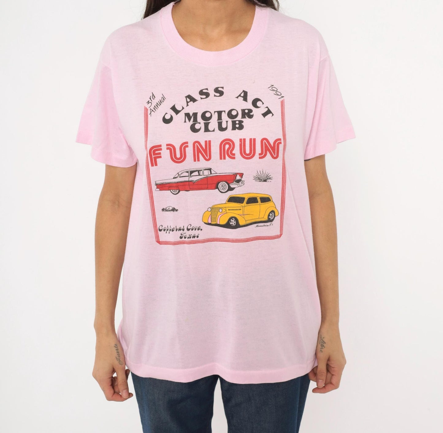 80s Screen Stars Class Act Motor Club Hot Rod Tee Pink Graphic XL