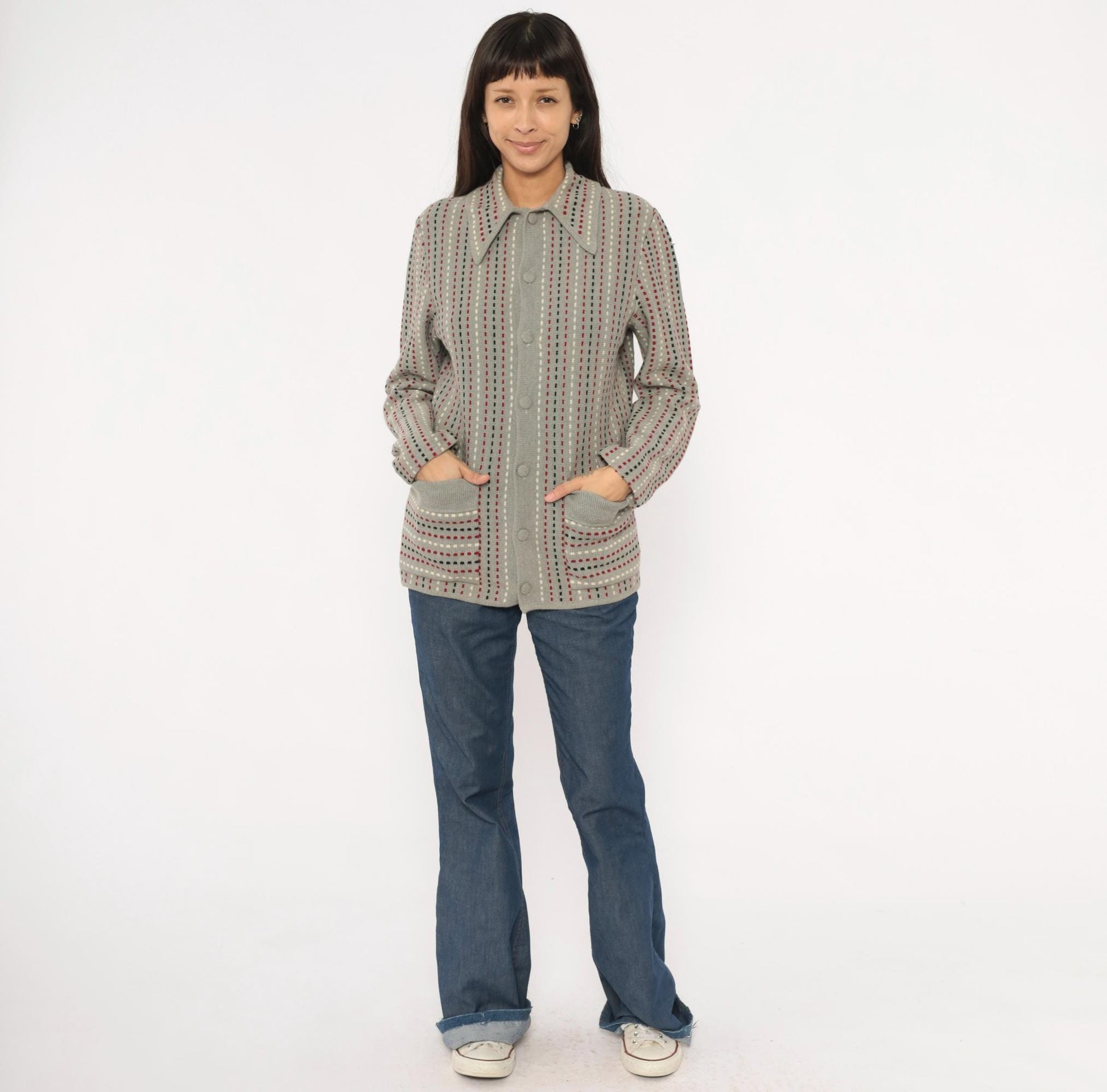 70s Damon Wool Cardigan Grey Dotted Stripe Burgundy Black Cream Medium M