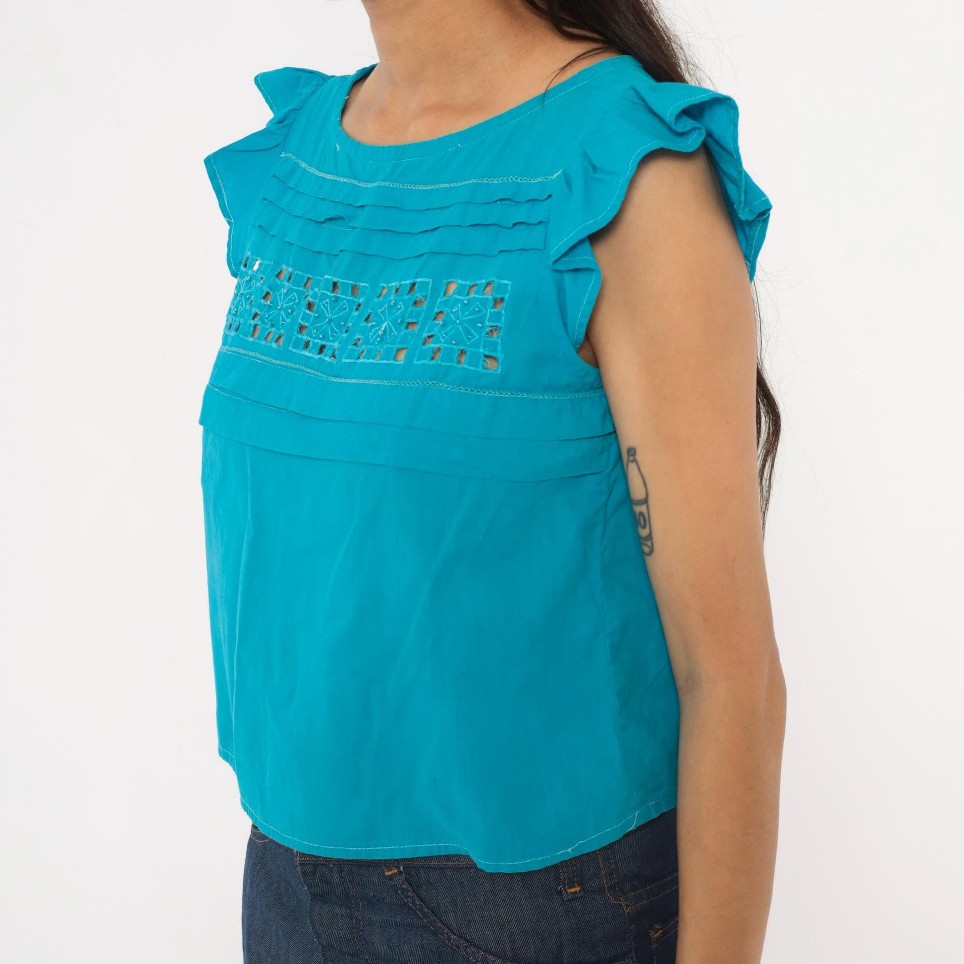 90s Teal Cutwork Cotton Blouse Flutter Cap Sleeve Crop Extra Small XS