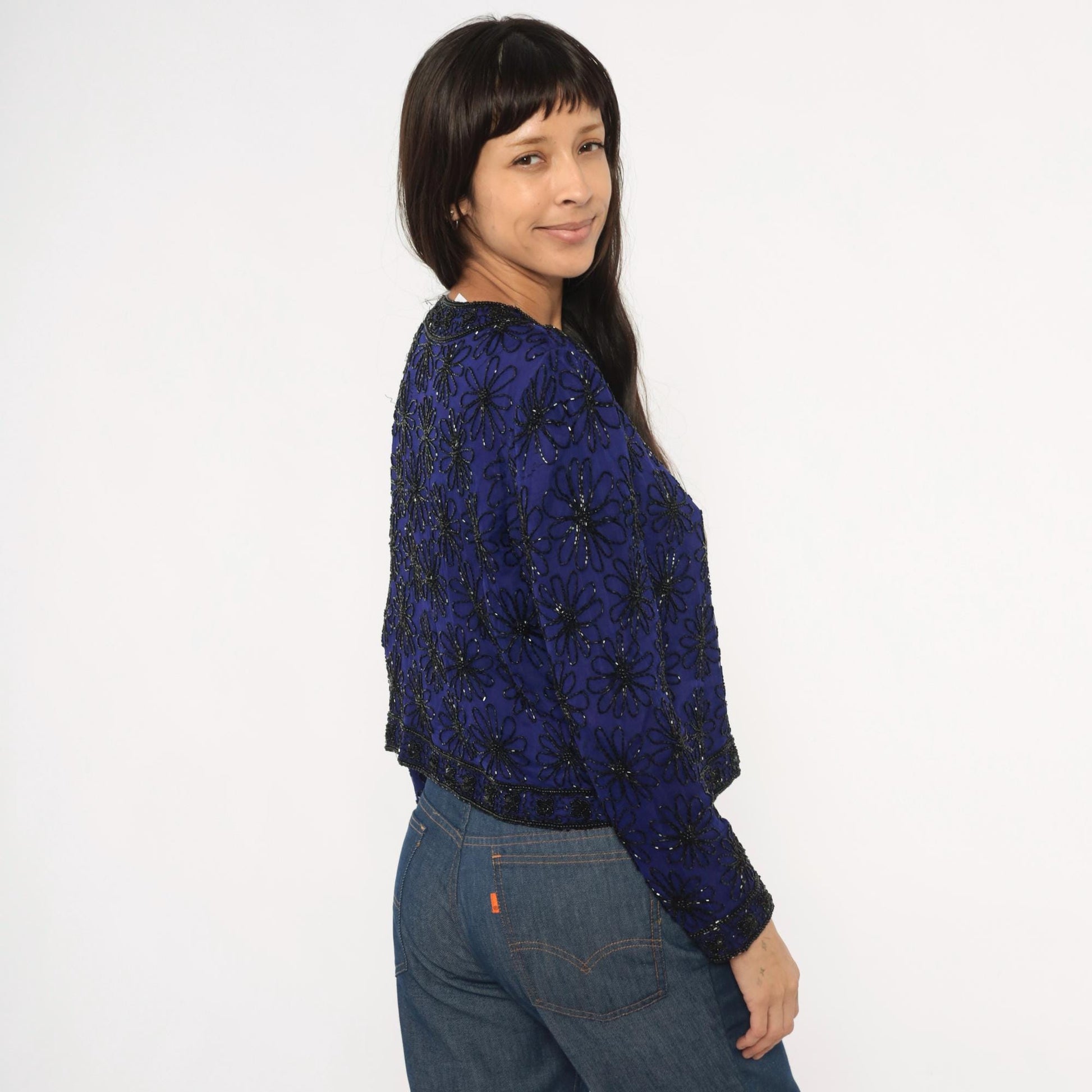 90s Stenay Silk Cropped Jacket Navy Beaded Floral Sequin Small