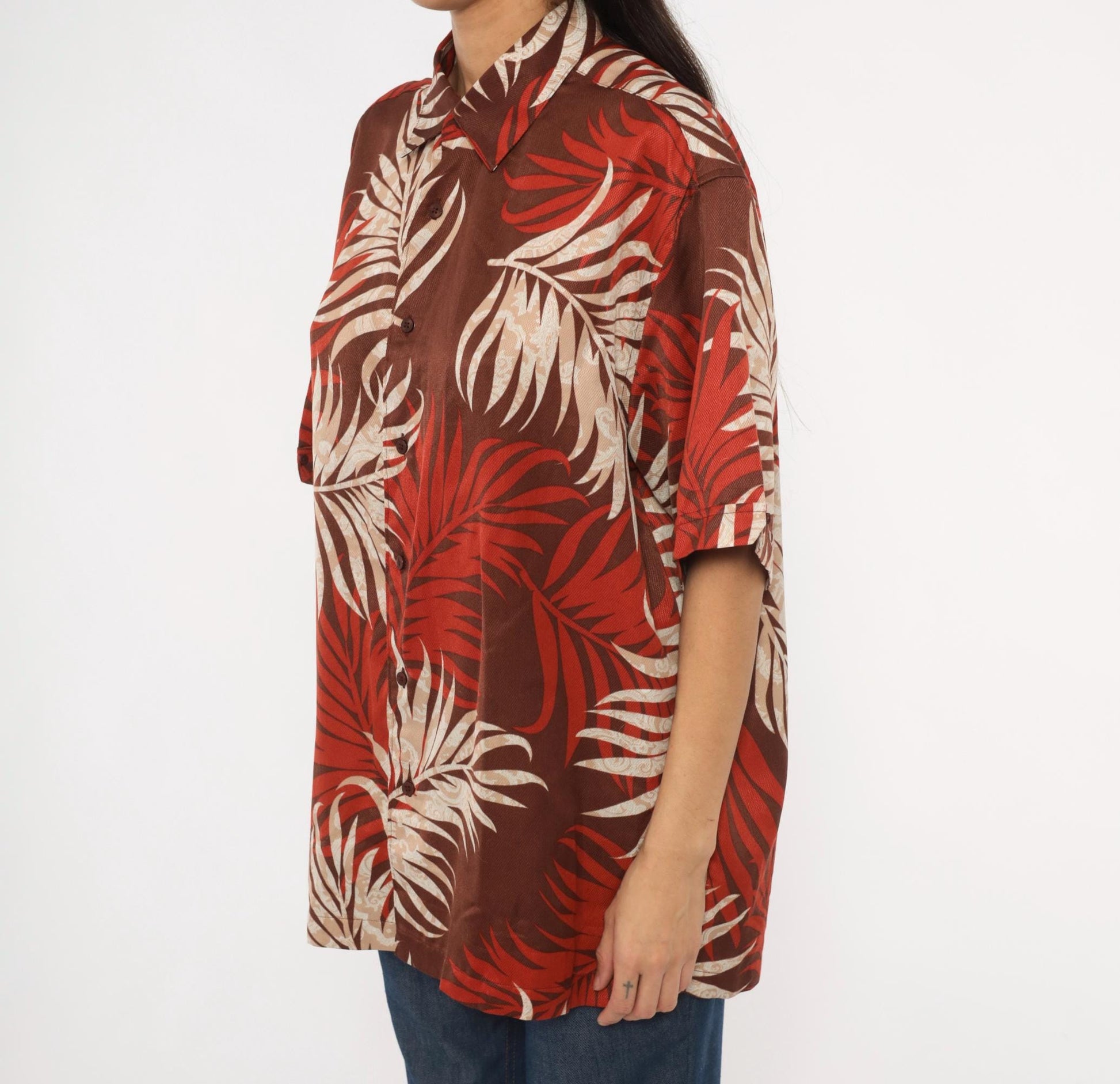 Y2K Havanera Hawaiian Shirt Palm Frond Print Rust Brown Cream Extra Large XL