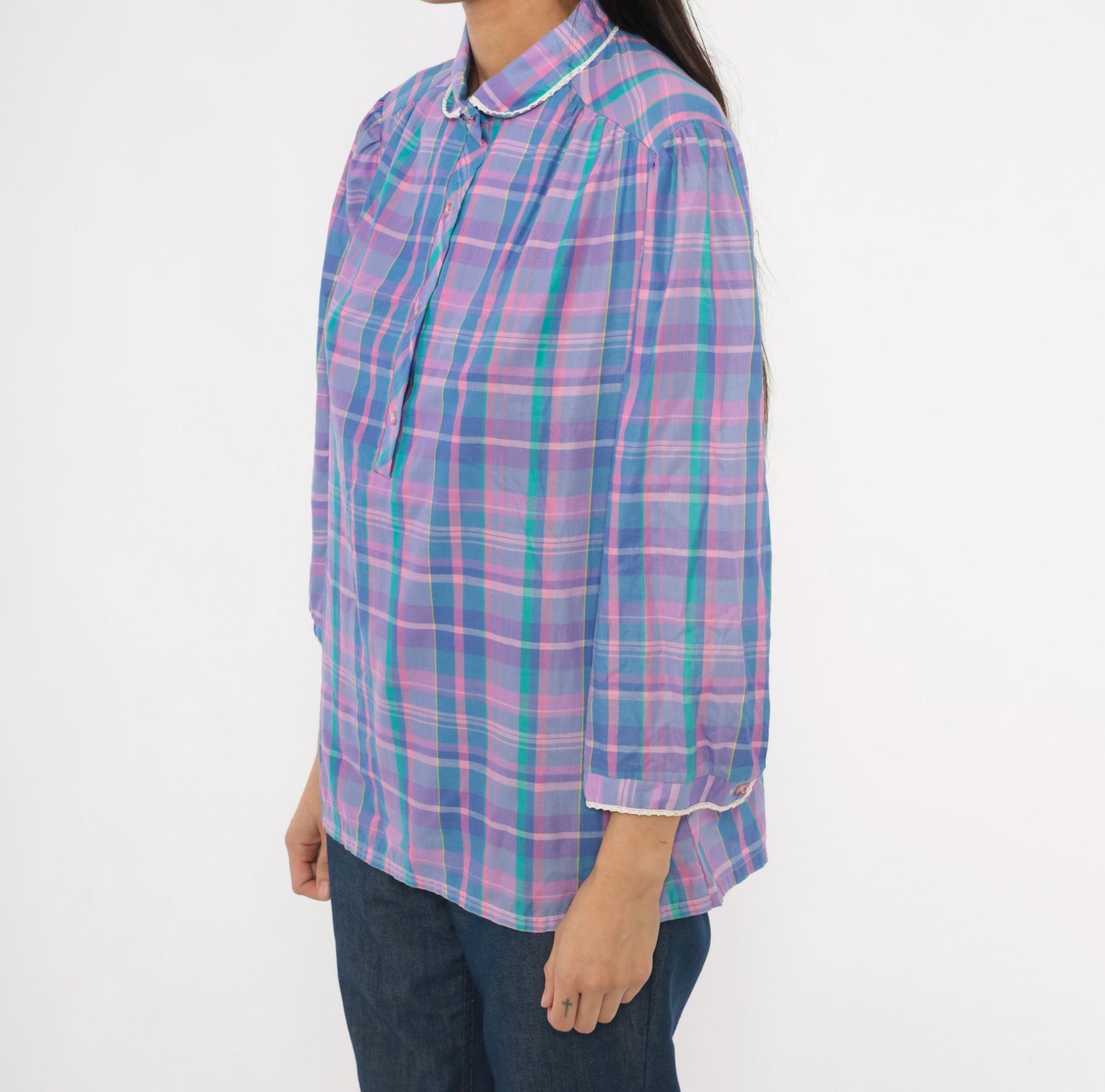 80s Maggie Sweet Plaid Puff Sleeve Blouse Peter Pan Collar Purple Teal Large