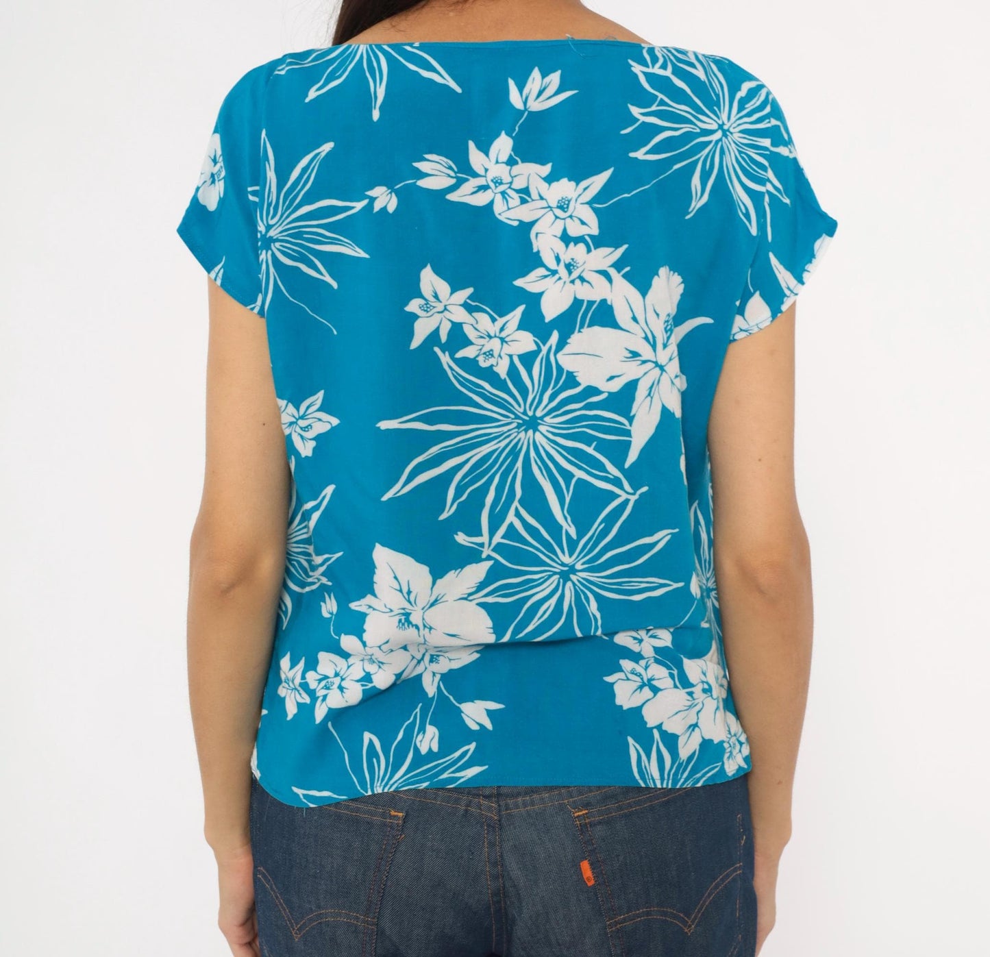 80s Charlie Tropical Floral Blouse Cobalt Blue Cap Sleeve Rayon Medium