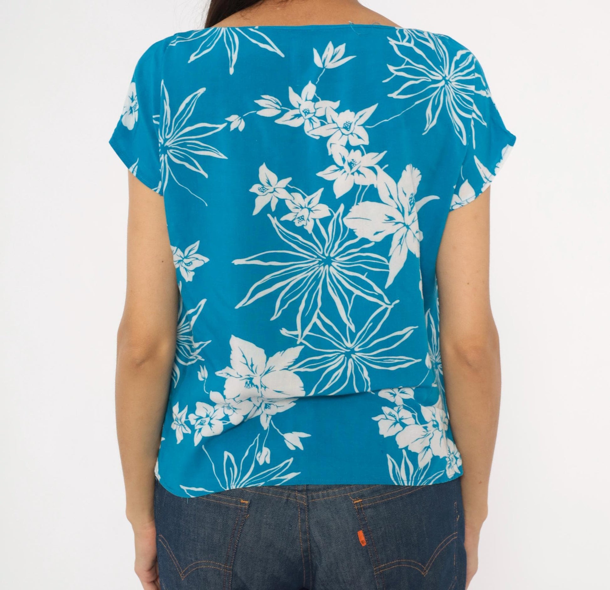 80s Charlie Tropical Floral Blouse Cobalt Blue Cap Sleeve Rayon Medium