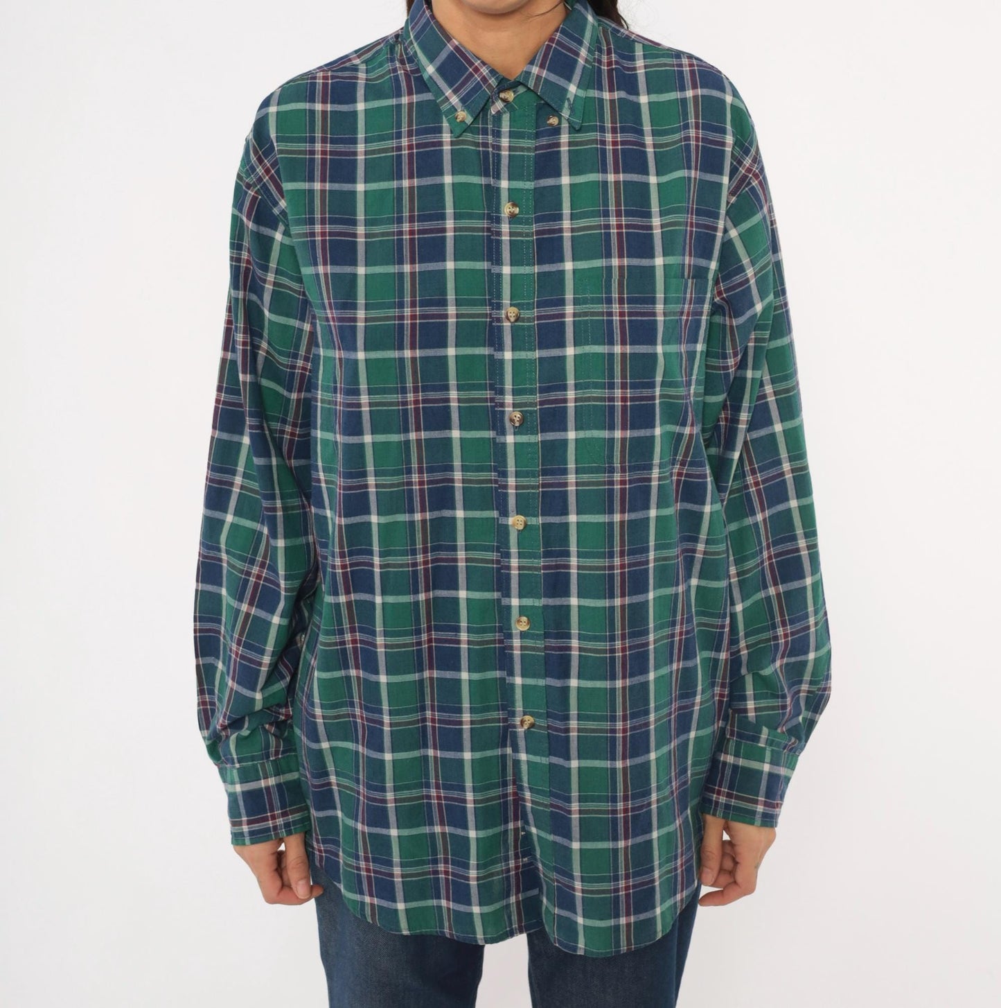 80s McGregor Plaid Flannel Button-Down Shirt Forest Green Navy Tartan Large L