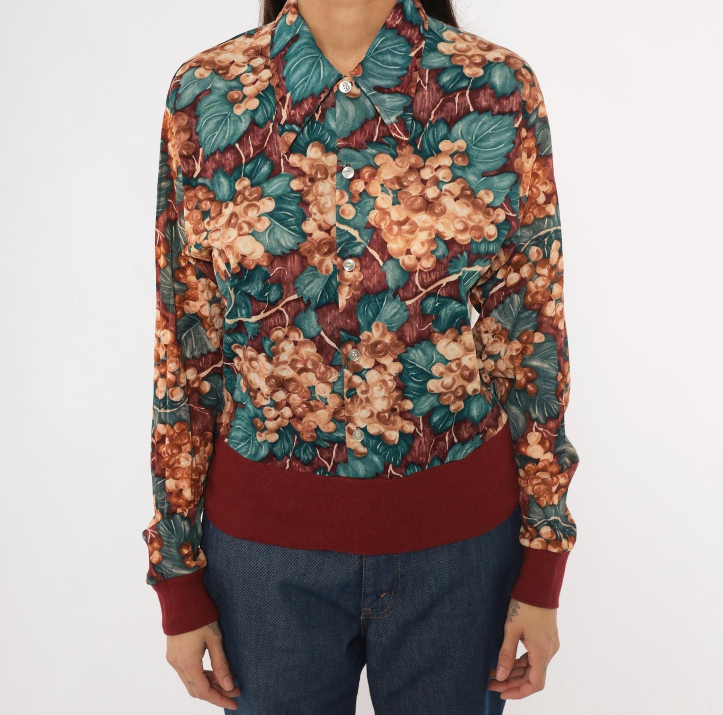 70s Grape Vine Button Blouse Burgundy Teal Pointed Collar Long Sleeve Medium