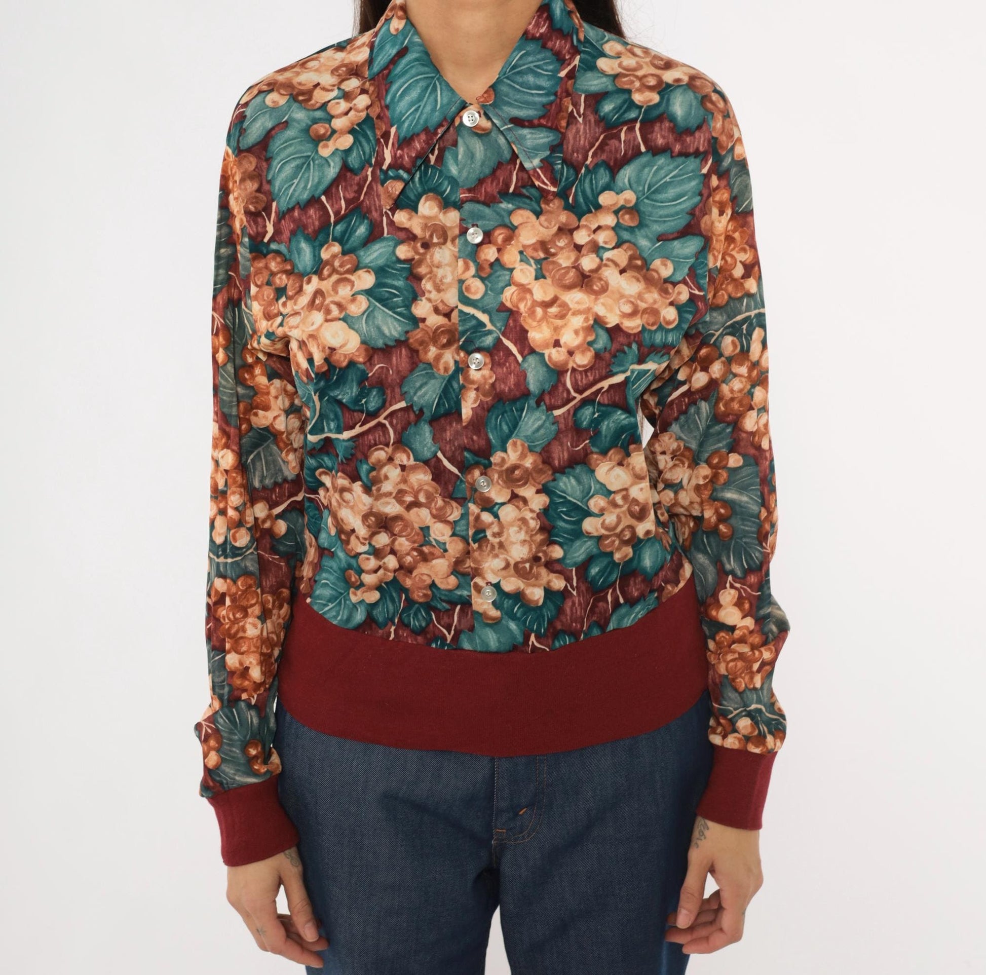 70s Grape Vine Button Blouse Burgundy Teal Pointed Collar Long Sleeve Medium