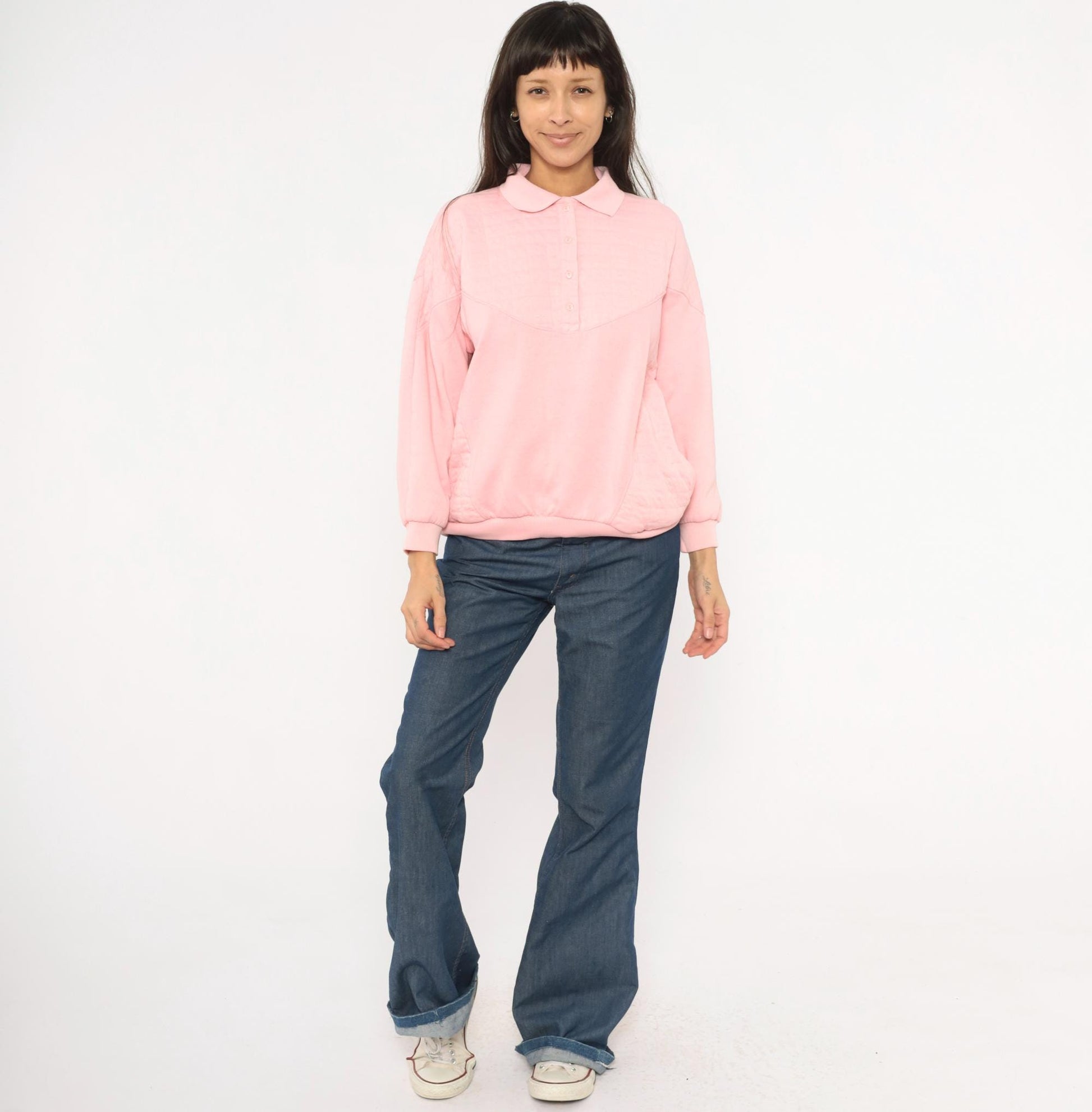 90s Casual Isle Quilted Collared Sweatshirt Pink Large L