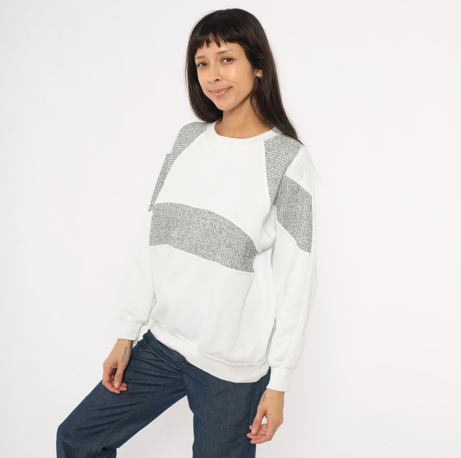 90s Fashion Force Color Block Sweatshirt White Grey Marled Raglan Large L