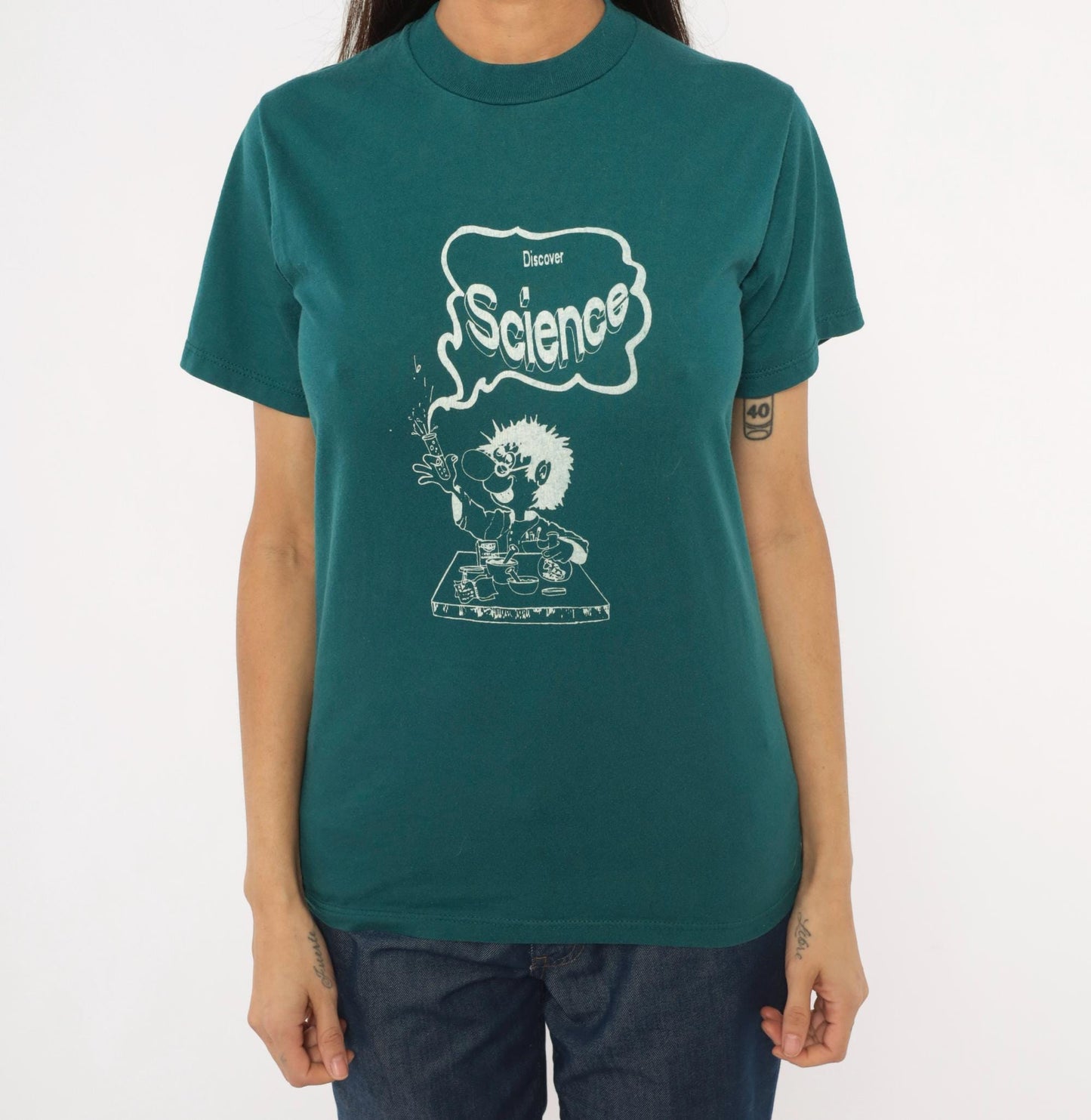 90s Jerzees Mad Scientist Discover Science Graphic Tee Teal Small