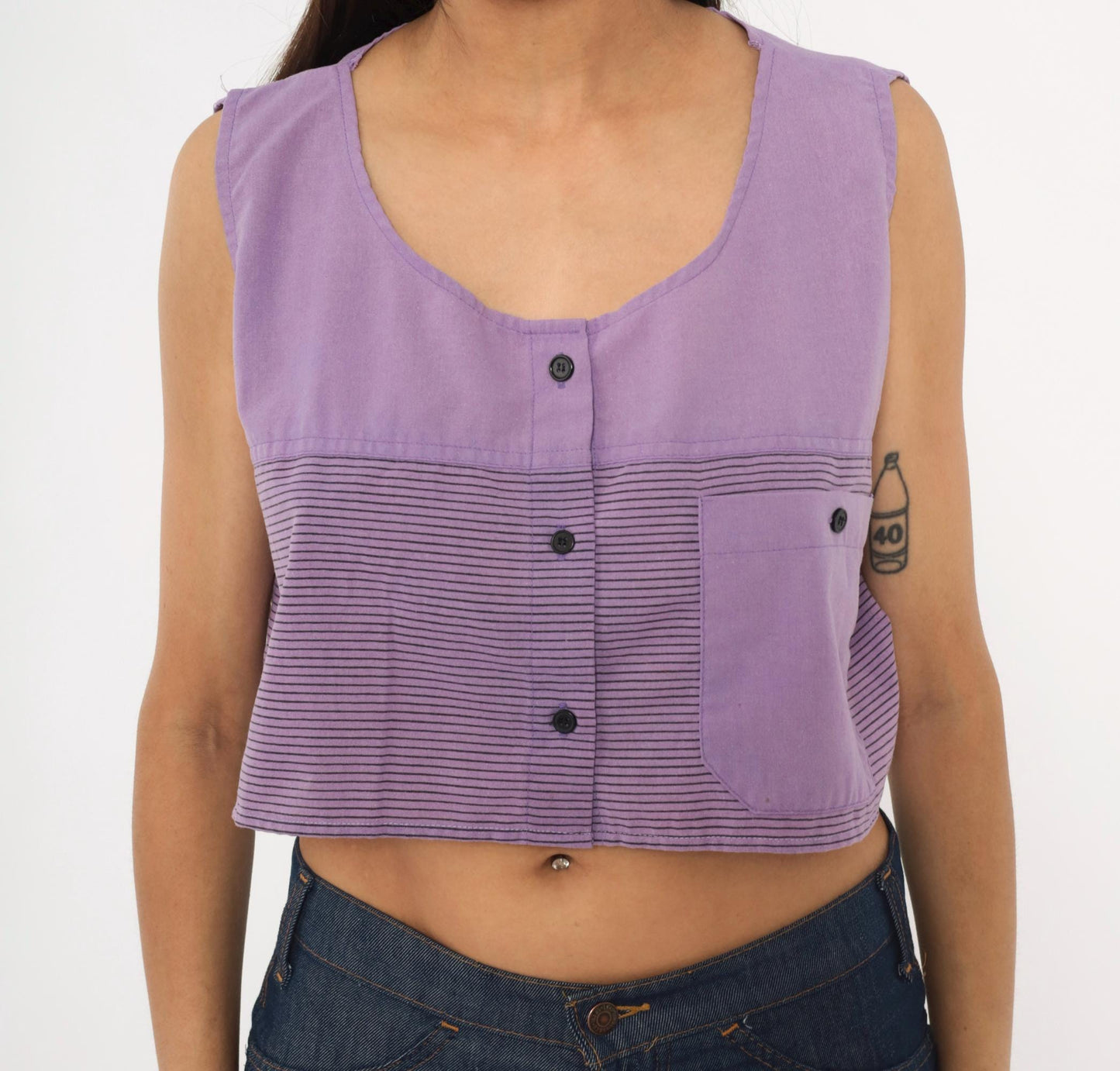 90s Award Winning Lilac Crop Top Striped Scoop Neck Sleeveless Extra Large XL