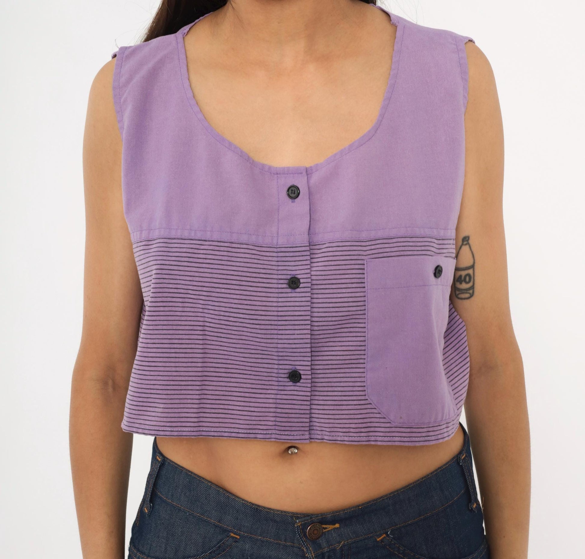 90s Award Winning Lilac Crop Top Striped Scoop Neck Sleeveless Extra Large XL