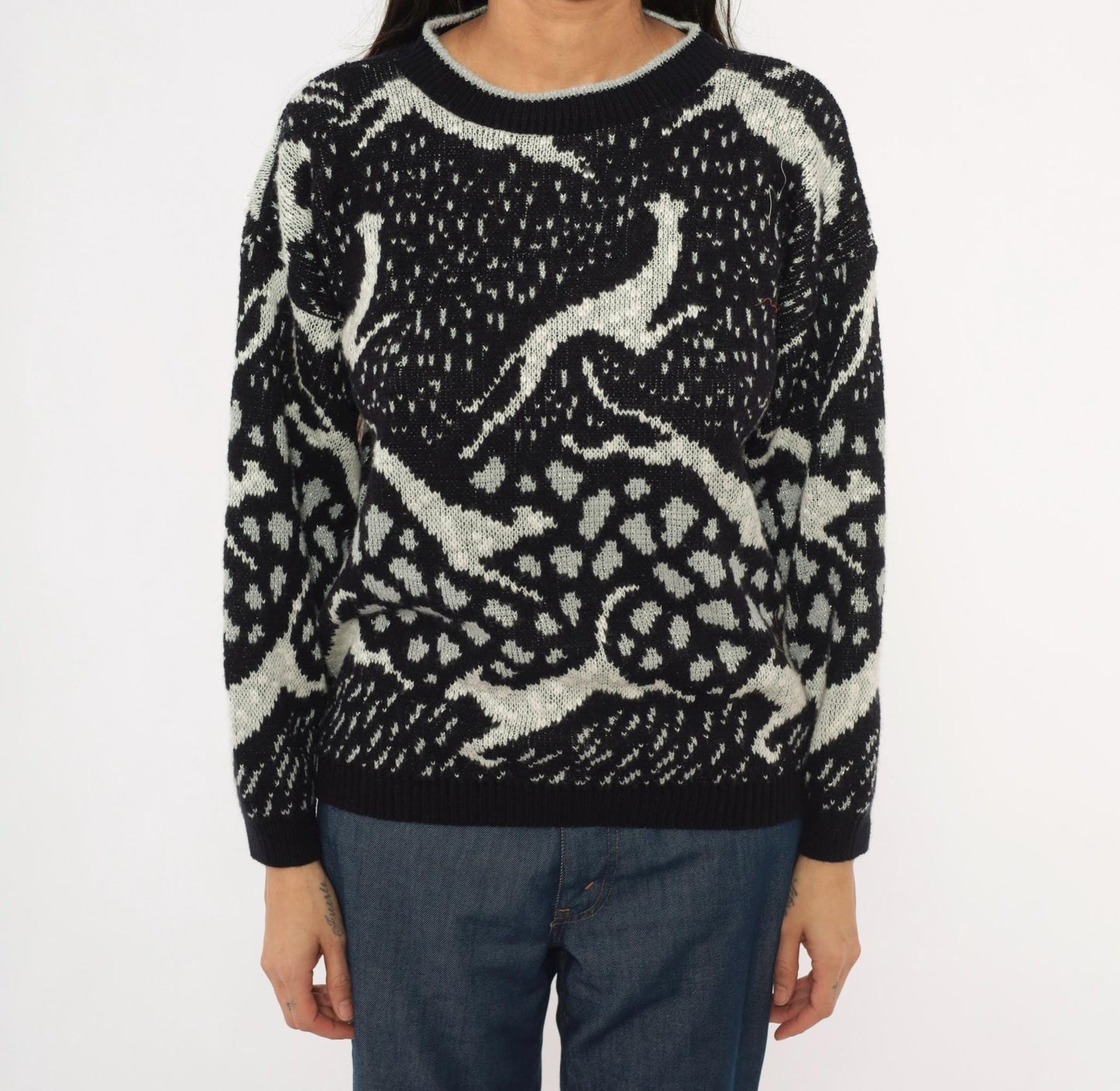 90s Arielle Greyhound Jacquard Knit Sweater Black Ivory Crewneck Large L