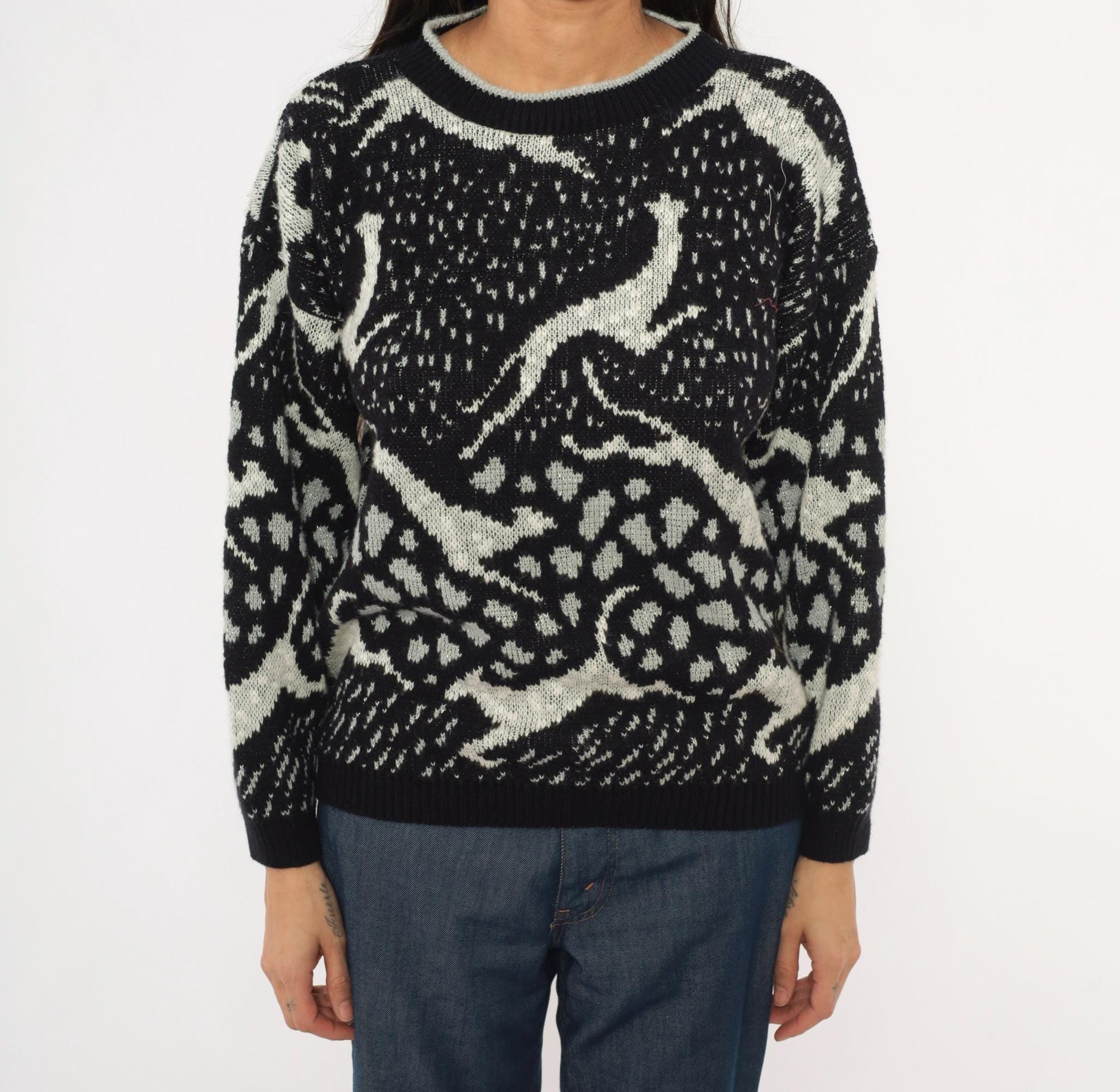 90s Arielle Greyhound Jacquard Knit Sweater Black Ivory Crewneck Large L