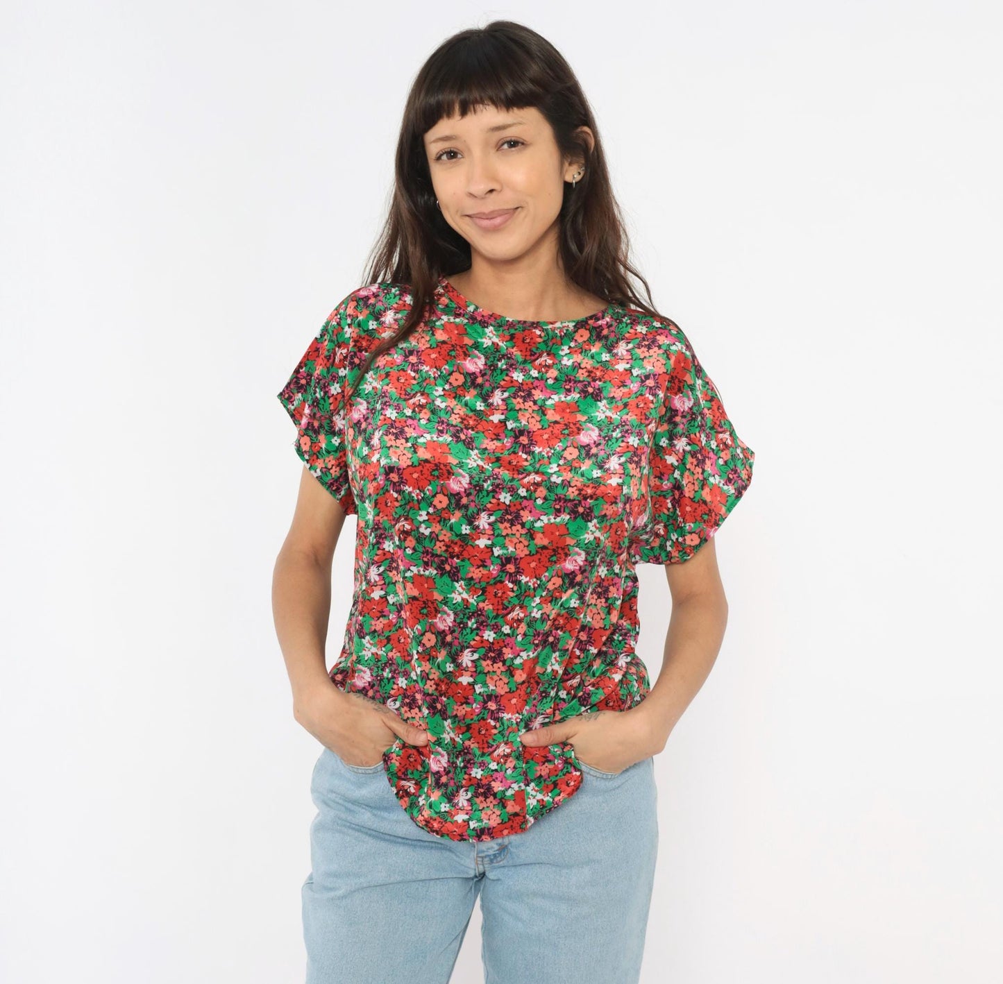 90s Jennifer Lloyd Floral Blouse Red Green Garden Print Cap Sleeve Medium