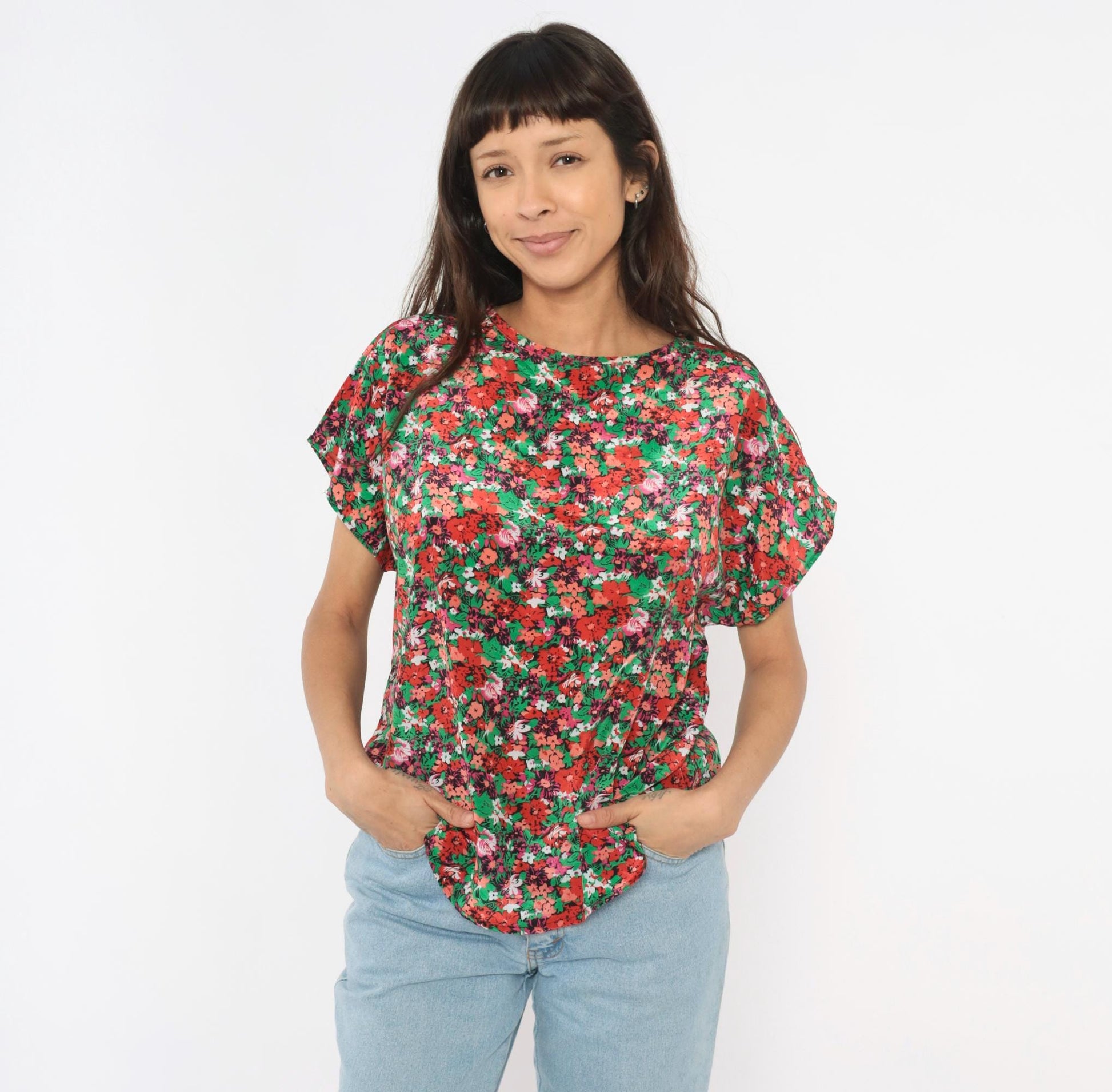 90s Jennifer Lloyd Floral Blouse Red Green Garden Print Cap Sleeve Medium