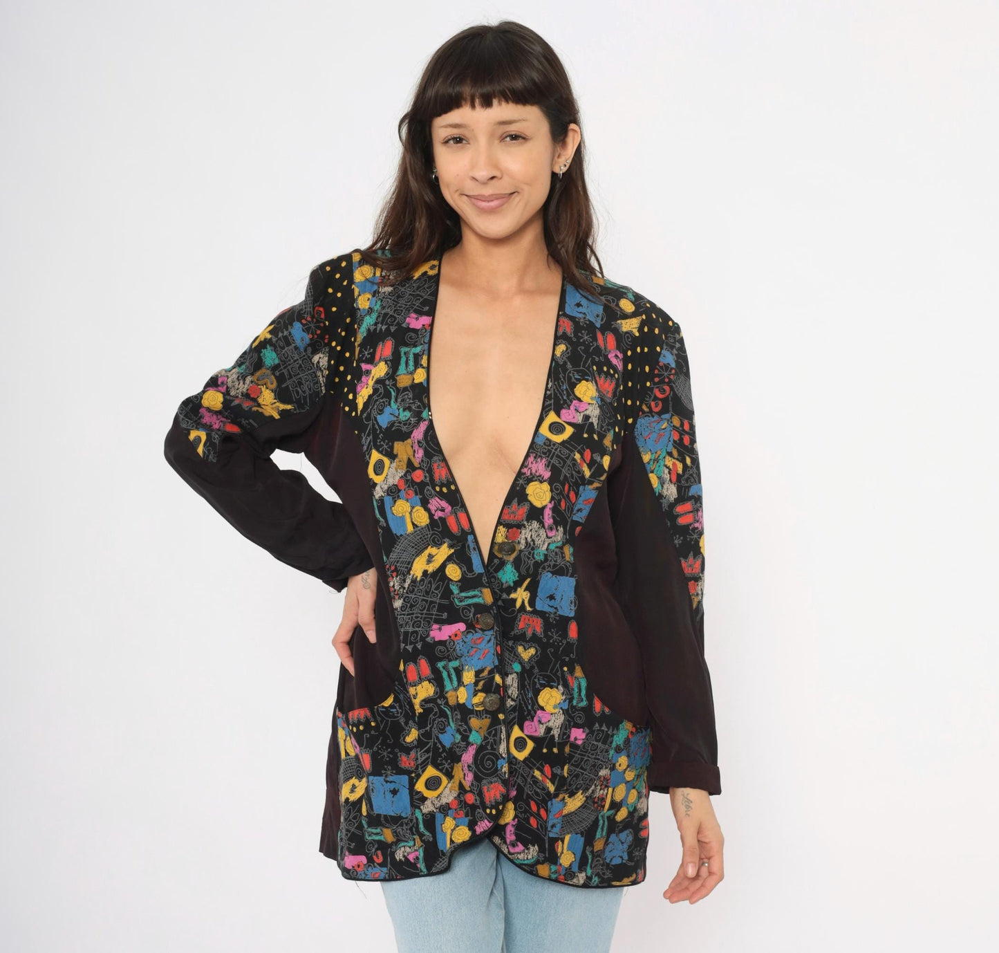 90s Choon Abstract Graffiti Blazer Deep V Black Multicolor Print Medium Large