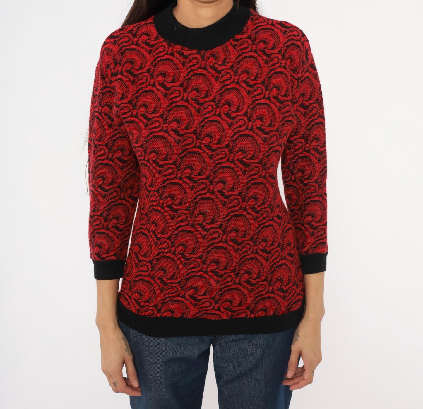 80s Down Side Up Jacquard Swirl Sweater Red Black Crew Neck Extra Small XS