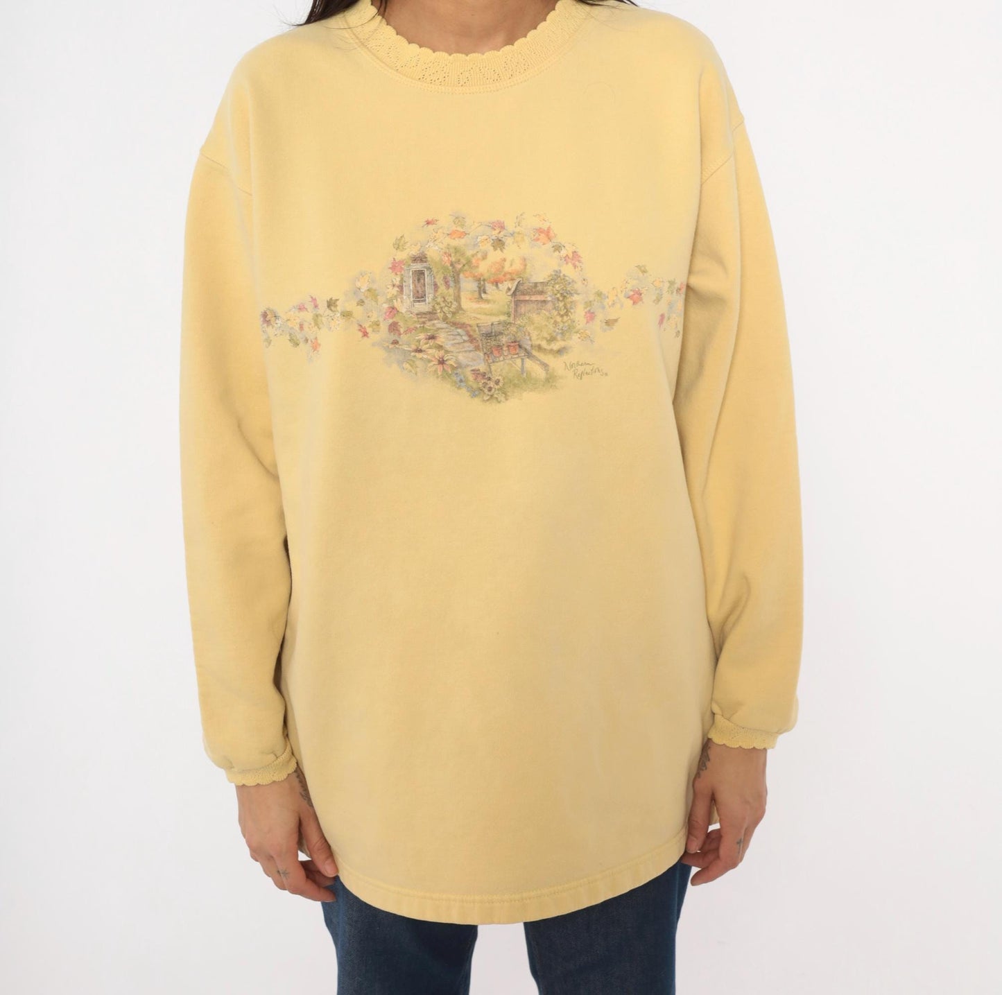 90s Northern Reflections Butter Yellow Garden Scene Sweatshirt Cotton Large L