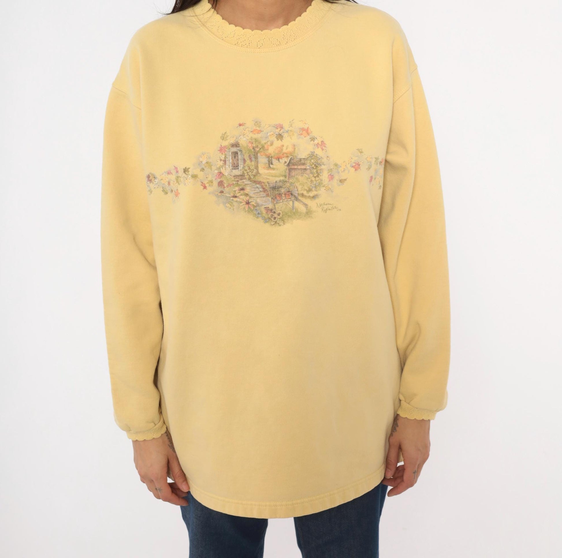 90s Northern Reflections Butter Yellow Garden Scene Sweatshirt Cotton Large L