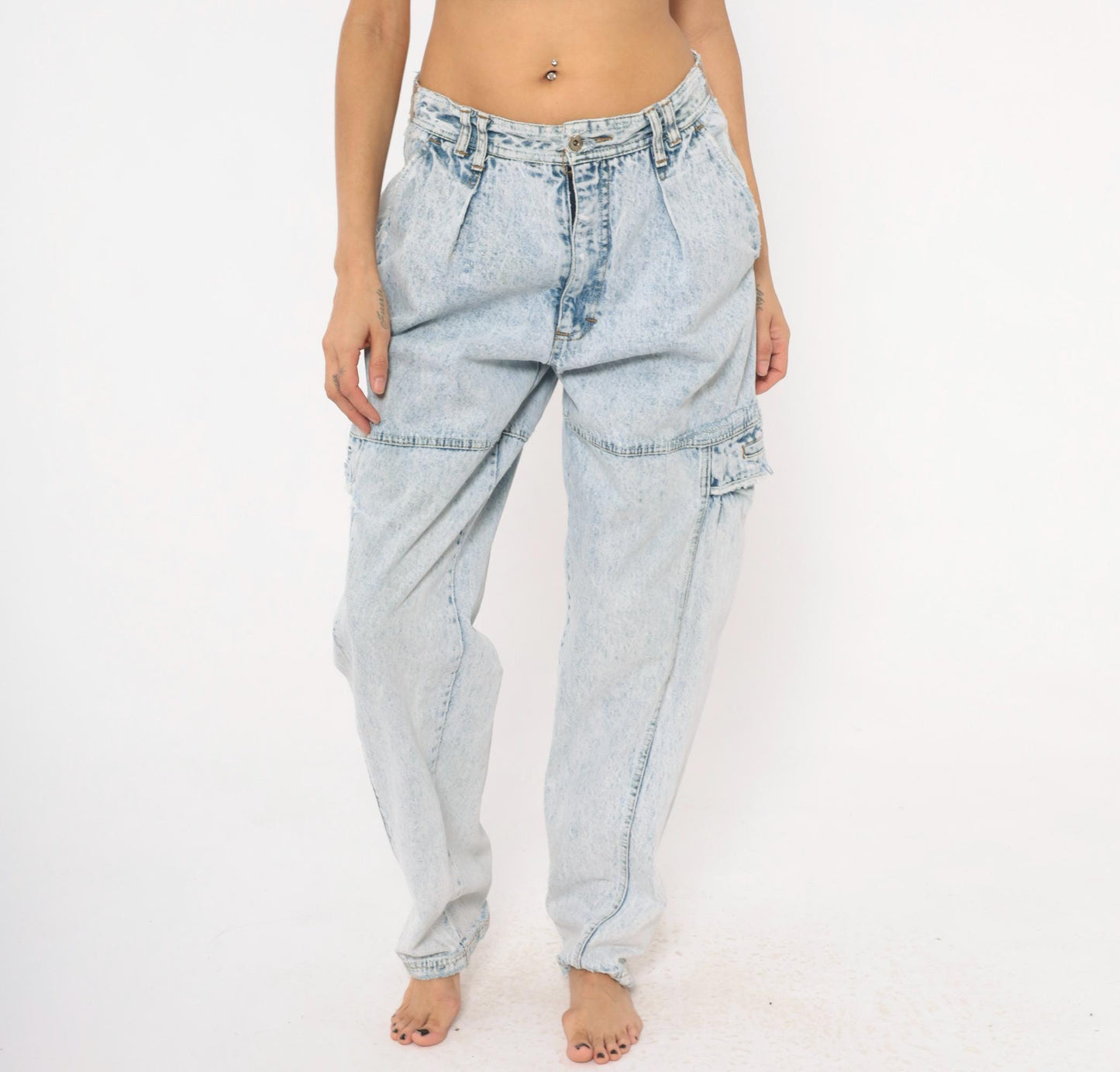 80s Bugle Boy Acid Wash Cargo Jeans Light Blue High Rise 33L