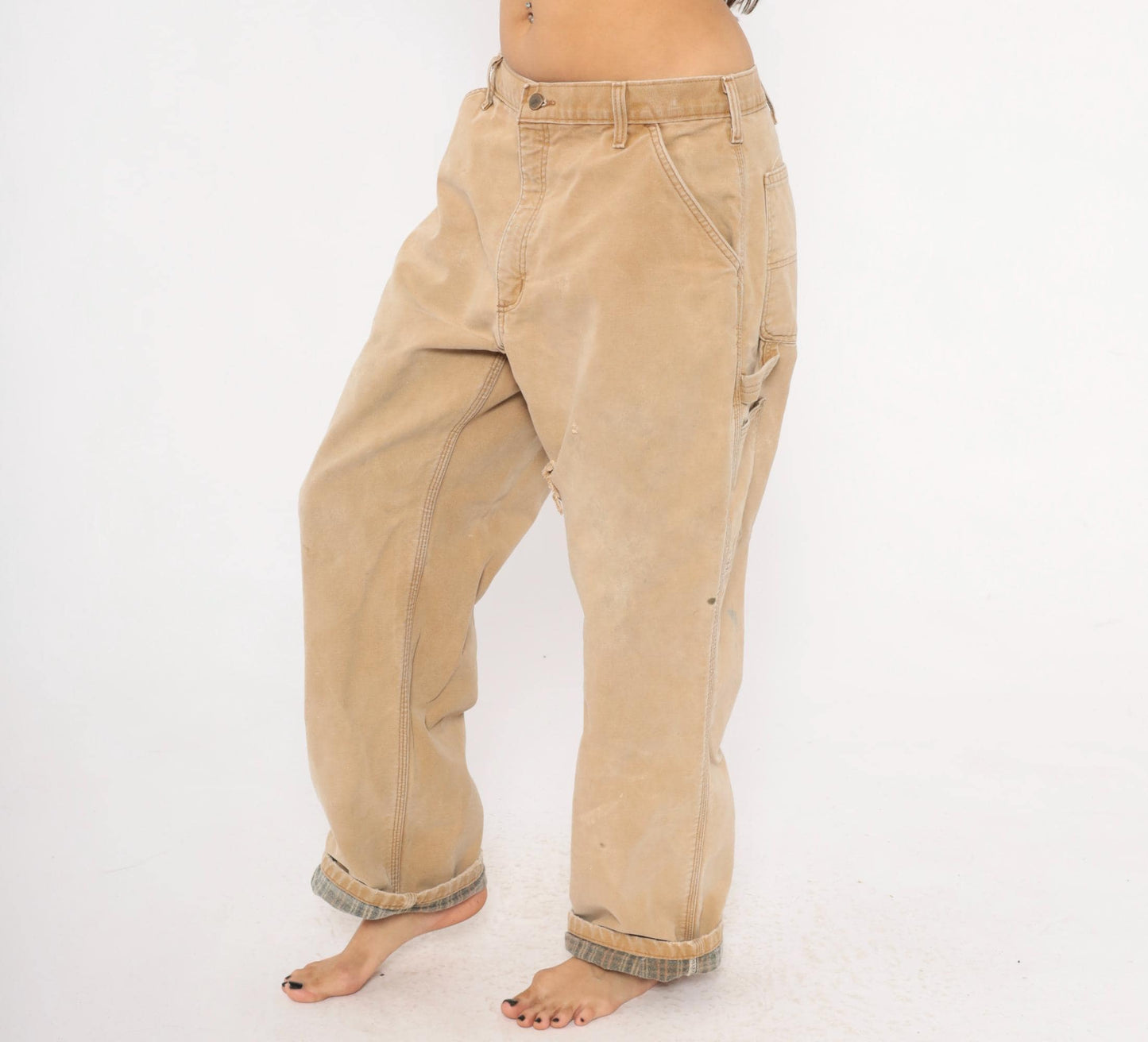 Carhartt Carpenter Pants Flannel Lined Canvas Straight Leg Tan Distressed Extra Large XL