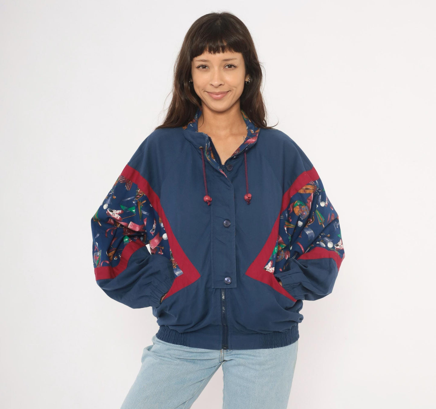 90s Line-Up Golf Print Windbreaker Navy Nylon Jacket Red Color Block Medium