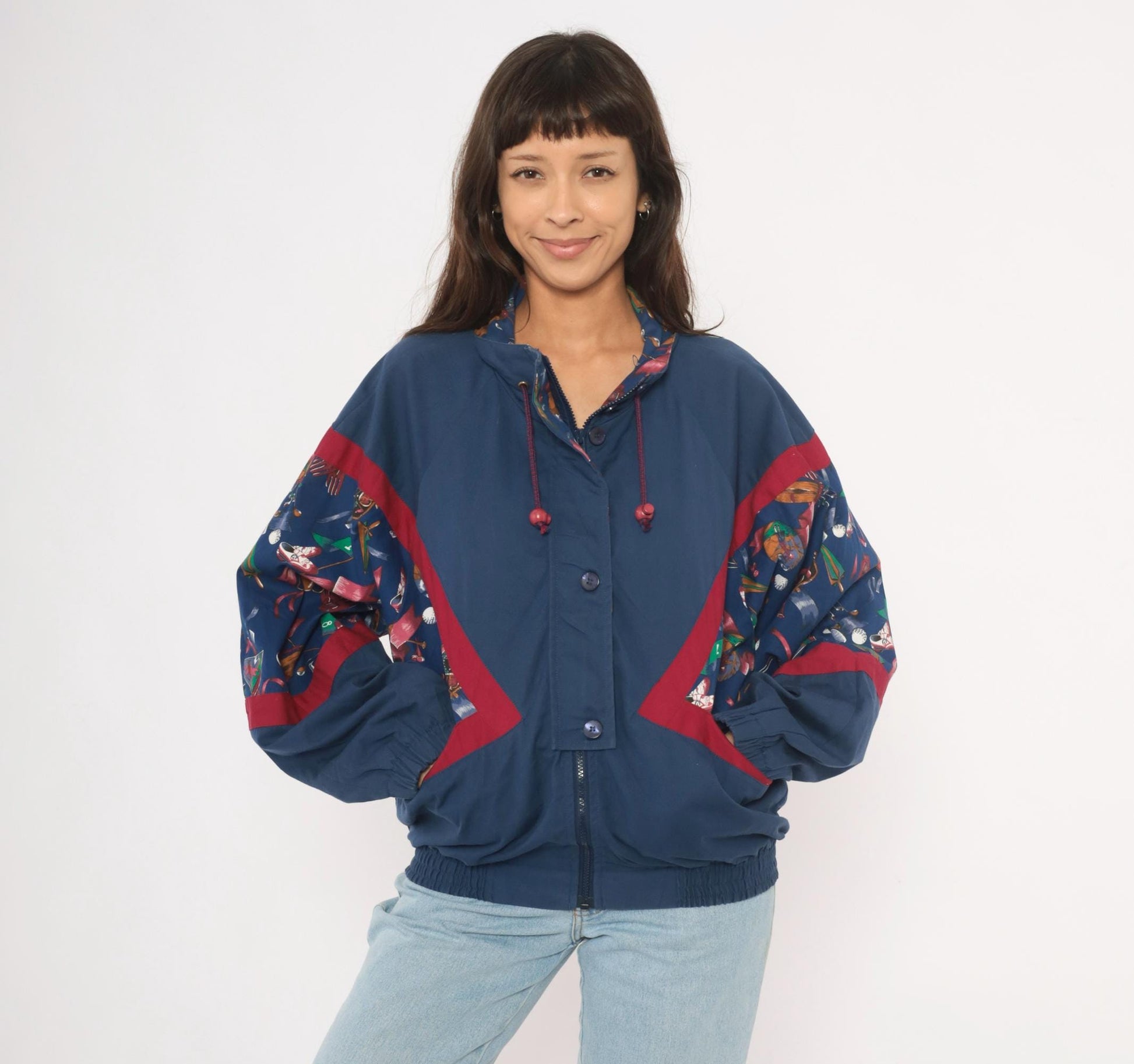 90s Line-Up Golf Print Windbreaker Navy Nylon Jacket Red Color Block Medium
