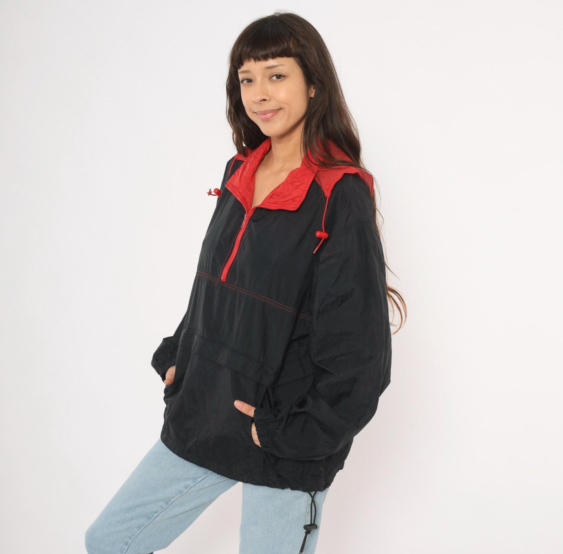 90s Black Red Colorblock Anorak Windbreaker Pullover Jacket Medium M