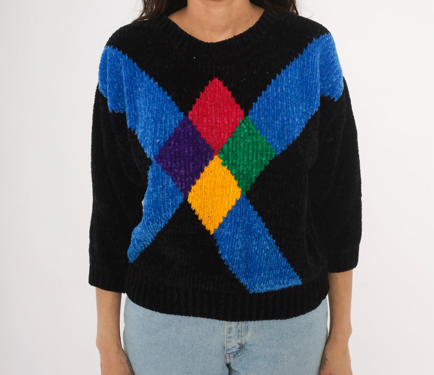 80s Cristina's Argyle Chenille Knit Pullover Black Multicolor Small