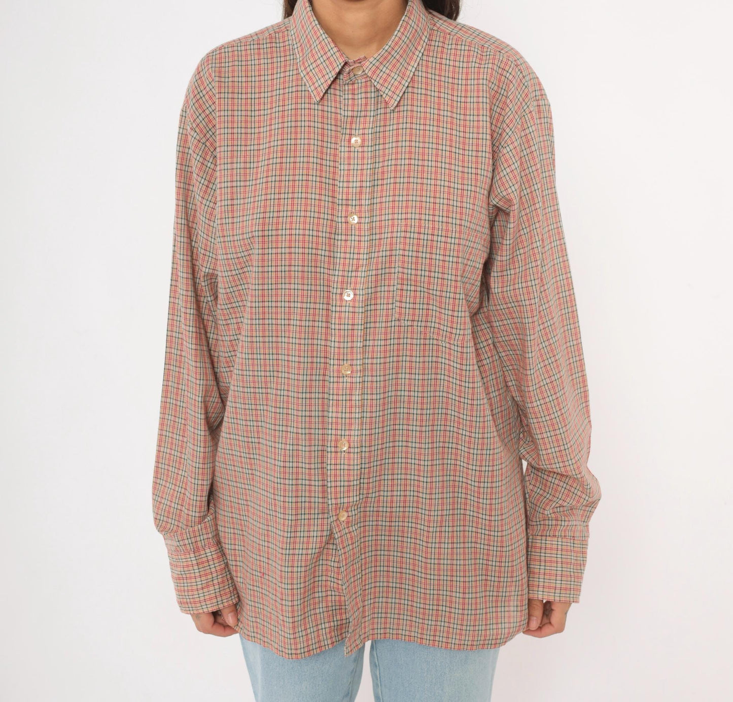 90s Plaid Button-Up Shirt Red Green Tan Check Cotton Point Collar Medium M